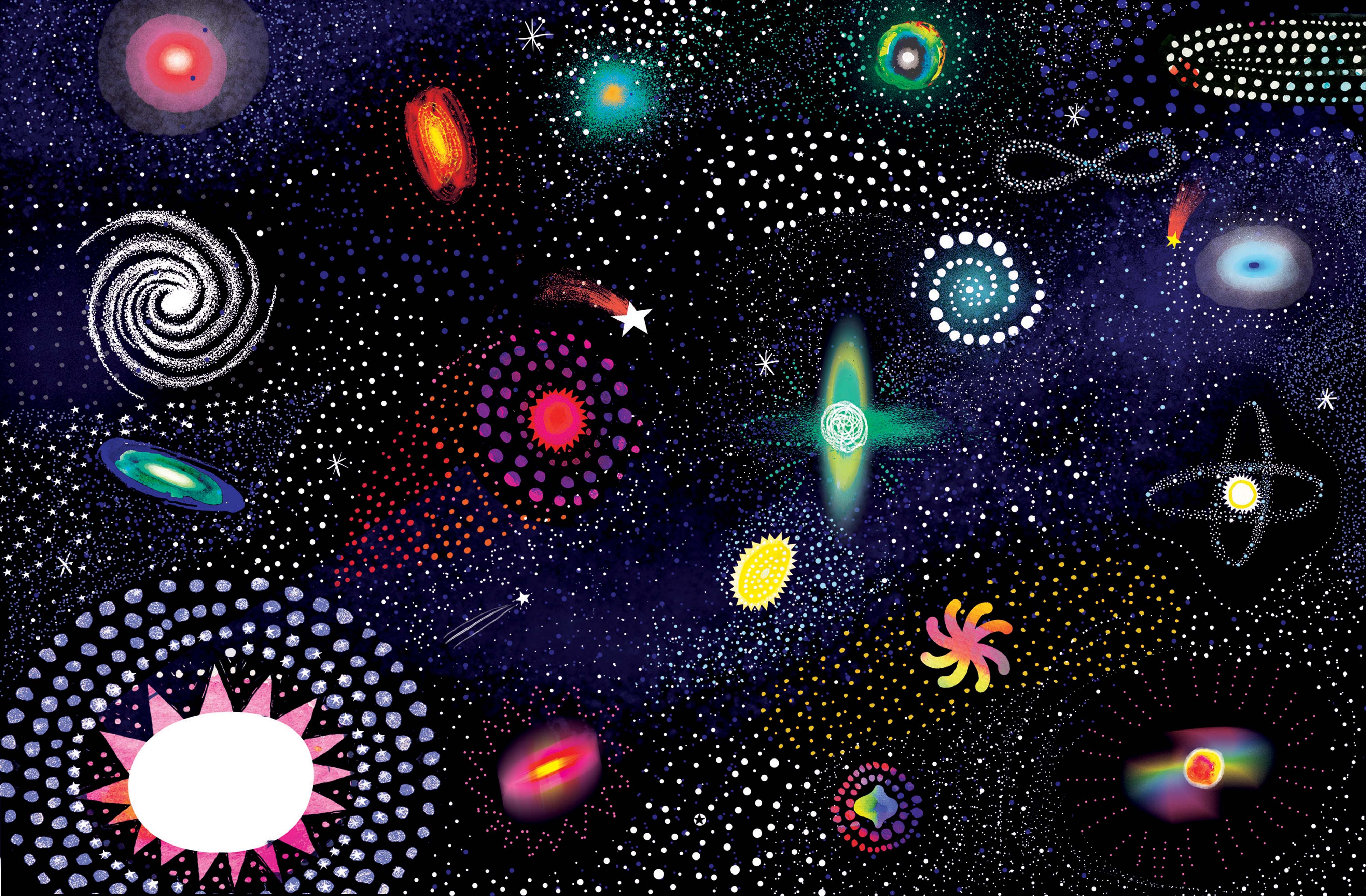A colourful universe, with different sized galaxies and stars, painted with dots