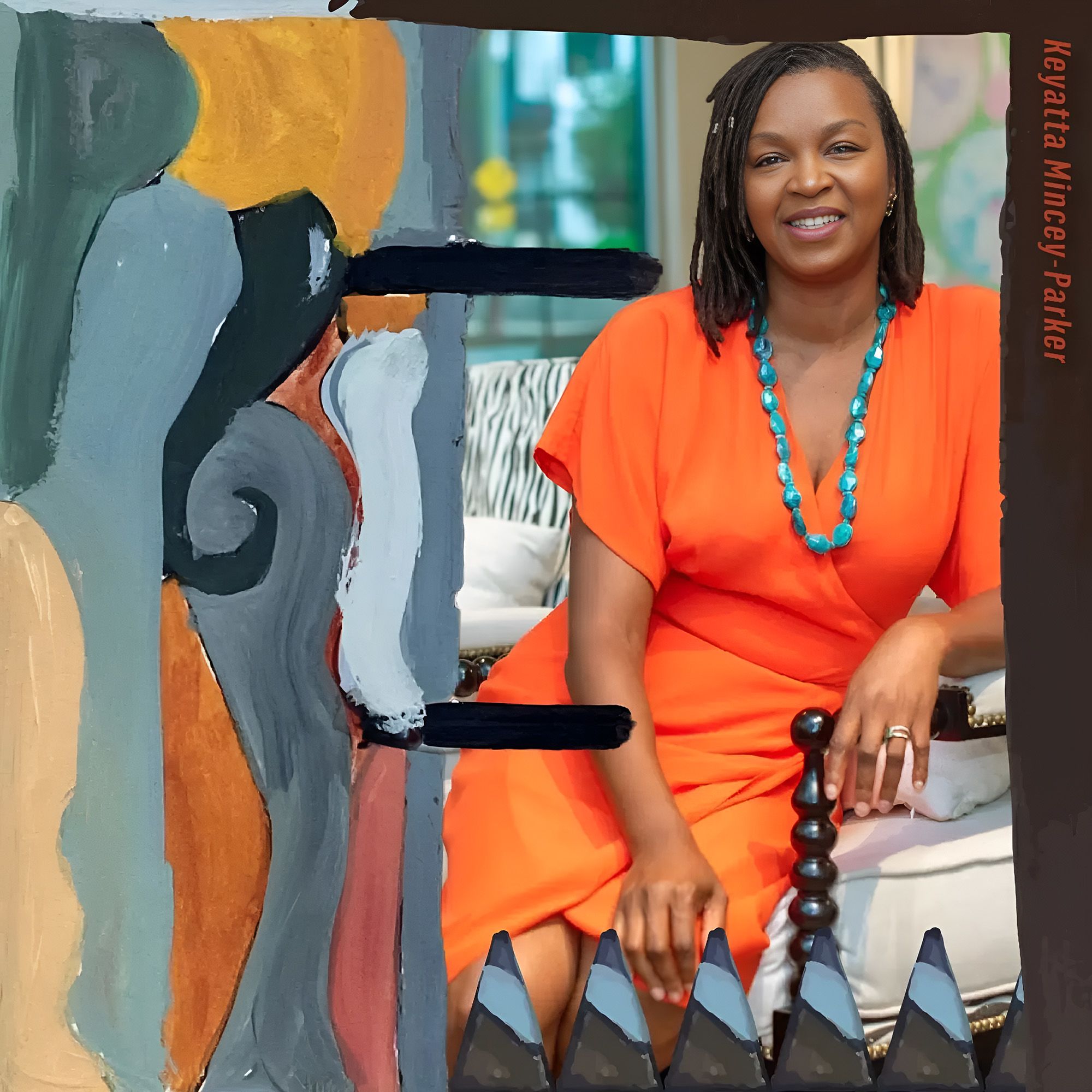 An African American person wearing a bright orange dress and long necklace of chunky turquoise stones smiles into the camera. They're seated to the right of frame, so a wall painted in large curved shapes in shades of grey, gold and dark green takes up the rest of the image. Their hair is braided and sits at their shoulders. The name Keyatta Mincey-Parker is flipped sideways and runs in small letters down the right side