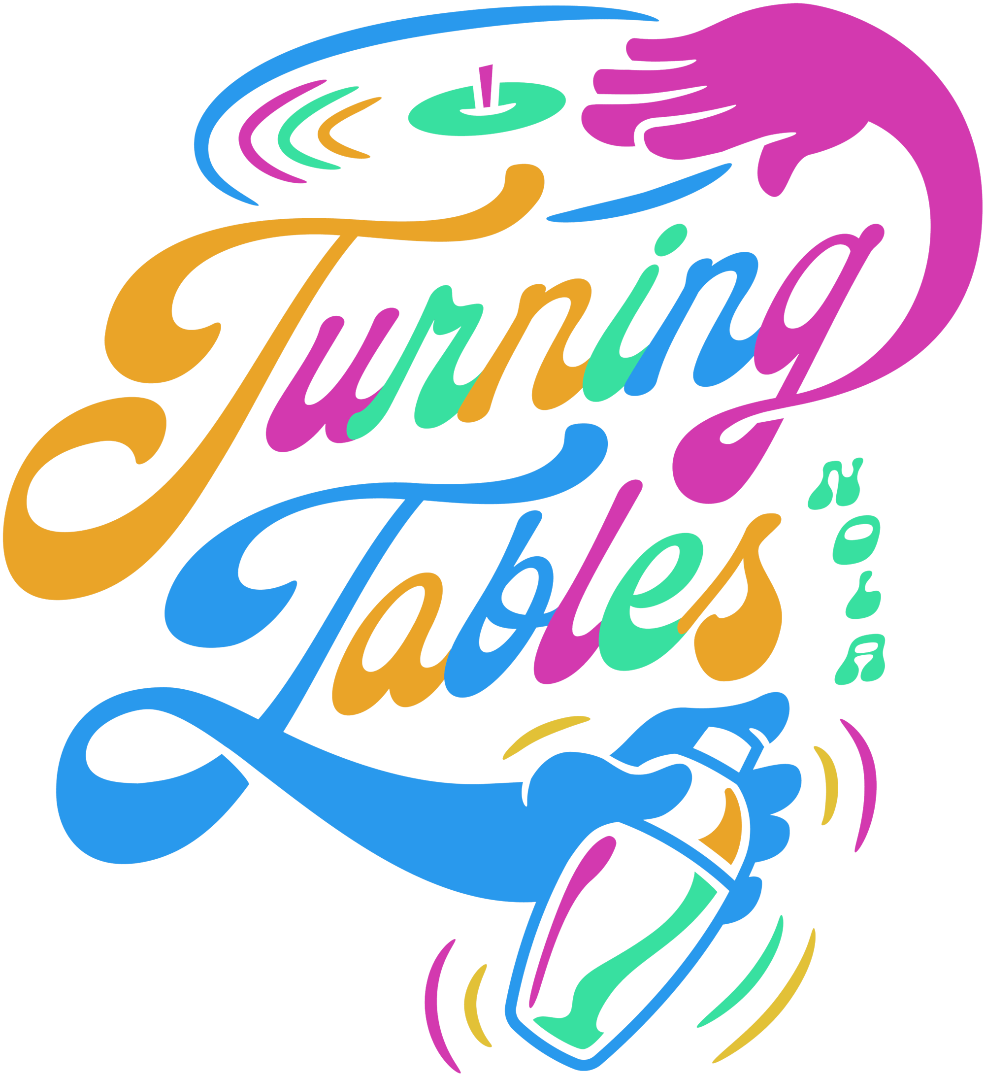 Turning Tables logo with the words 'Turning Tables' in stylised pink, blue, gold and turquoise text, and the word 'Nola' in small turquoise font to the right. The 'G' of turning turns into a hand reaching up to scratch a record, and the bottom of the T becomes a hand holding a can of spray paint