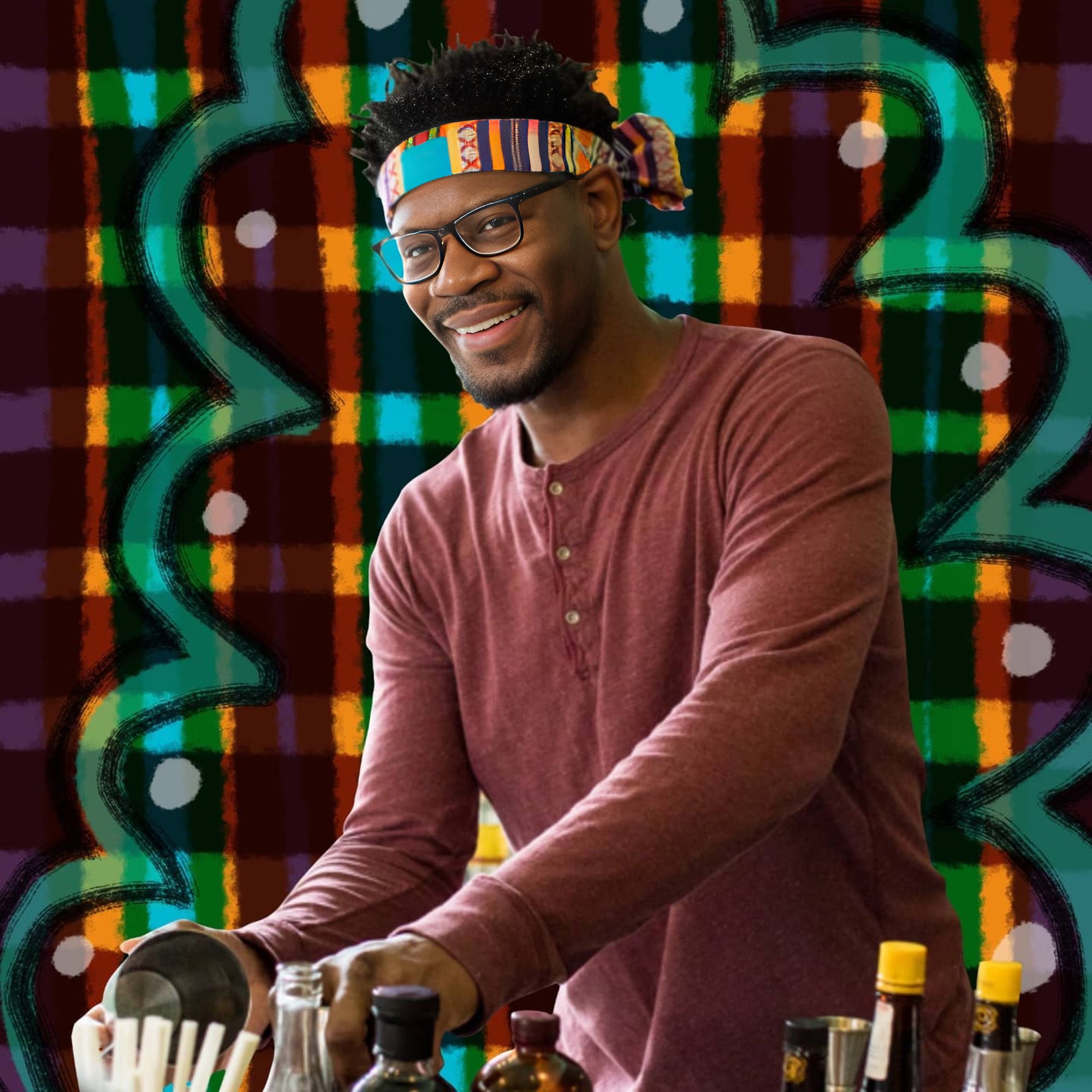 A masculine-presenting Black man grins at the camera as he stands behind a bar mostly out of frame. They are wearing a pale red long-sleeved shirt and have square black glasses. There is a multi-coloured bandana tied around their hair. The background is a tartan-patterned drawing in shades of burgundy and gold, with a loop of transparent green outlining the person