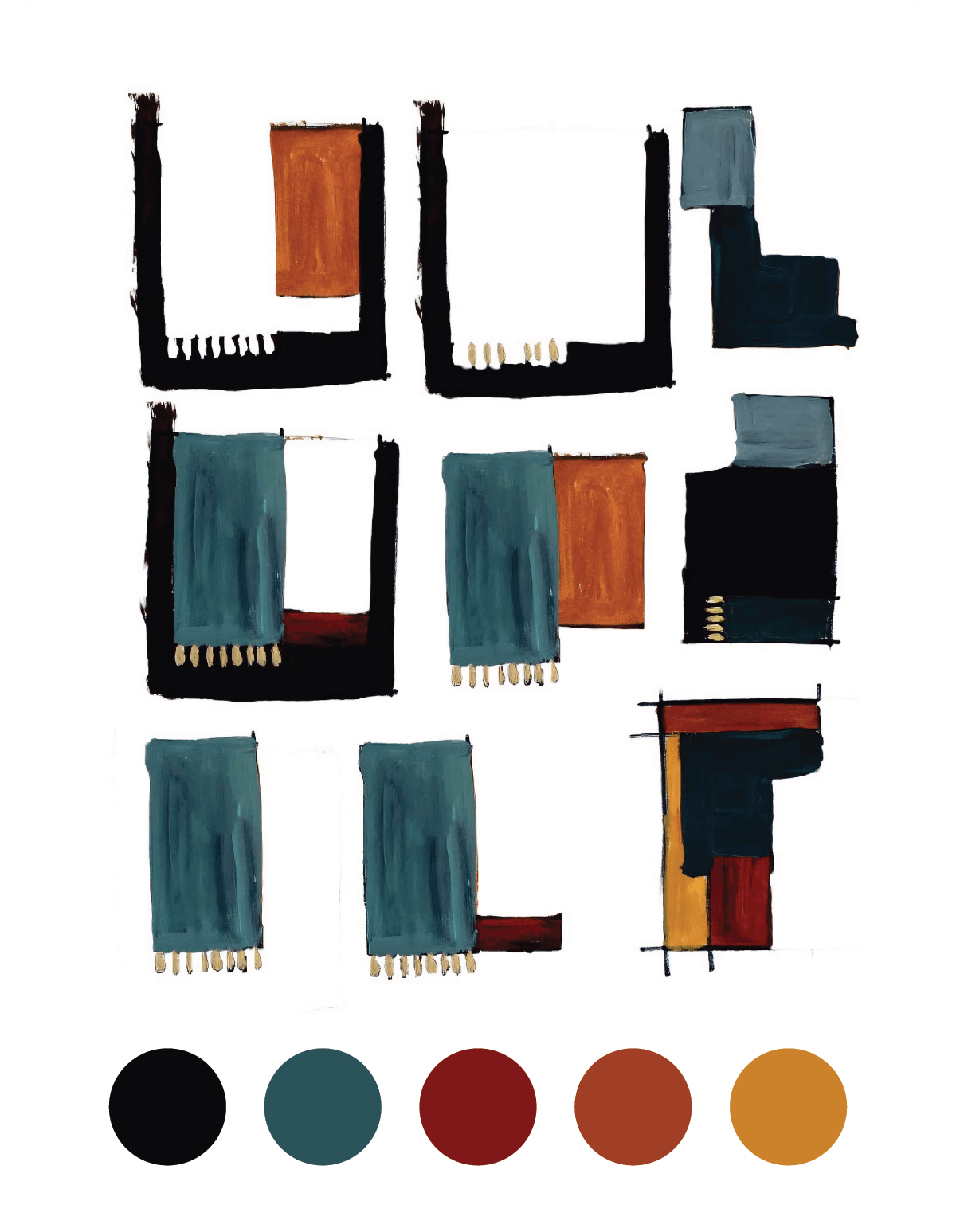 A black-framed window develops over nine stages on a white background. In the first, it has a black frame and a dark orange curtain in the top right corner. Other curtains, details and coloured rectangles are added. Below are five circular colour swatches: a greenish brown, a minty pale blue, tomato red, dusky purple-blue, and dark gold