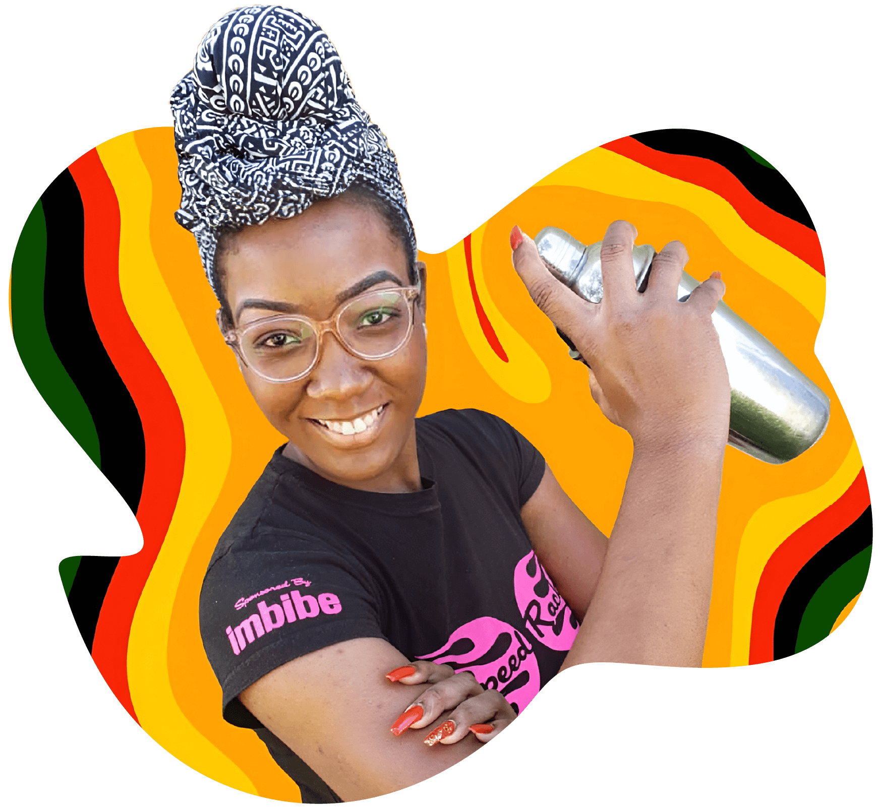 A headshot of a young African American person with large round glasses, a black-and-white patterned head wrap and a black t-shirt with Imbibe printed on the sleeve in hot pink. They hold a silver cocktail shaker in a red-nailed hand and smile confidently forward. The background is curvy stripes of dark green, black, red, yellow and pale orange.