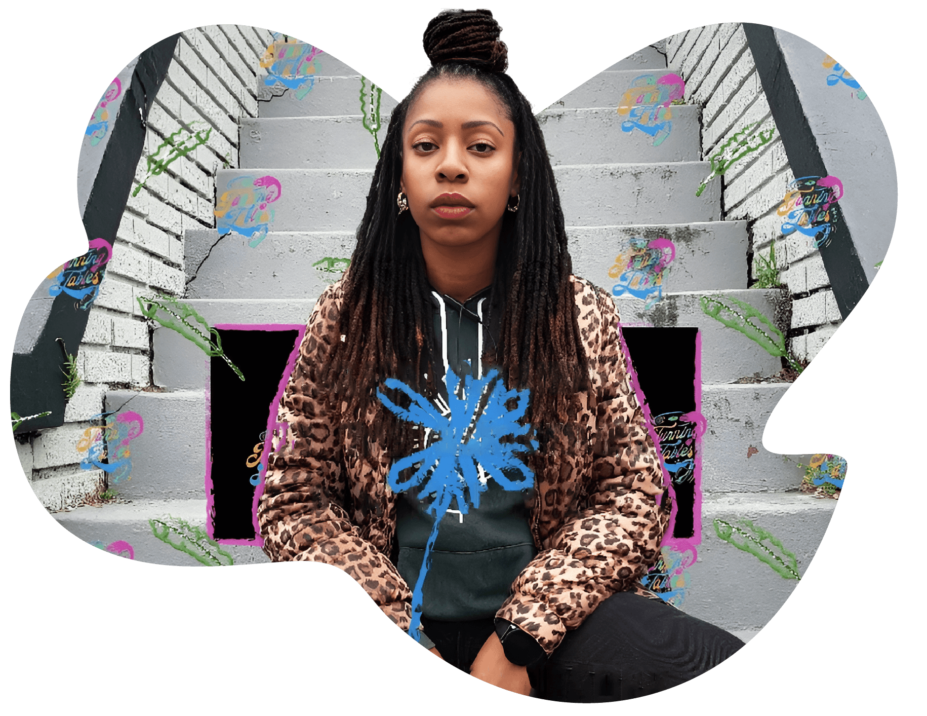 A feminine-presenting African American person with braids sits in front of a set of grey stairs. They look directly forward, not smiling, wearing a leopard print puffer jacket open to a dark green hoodie underneath. Crayon-like drawings of flowers and leaves in blue, green, pink and gold are scribbled over the stairs behind them, and a large blue flower is drawn directly in front of them