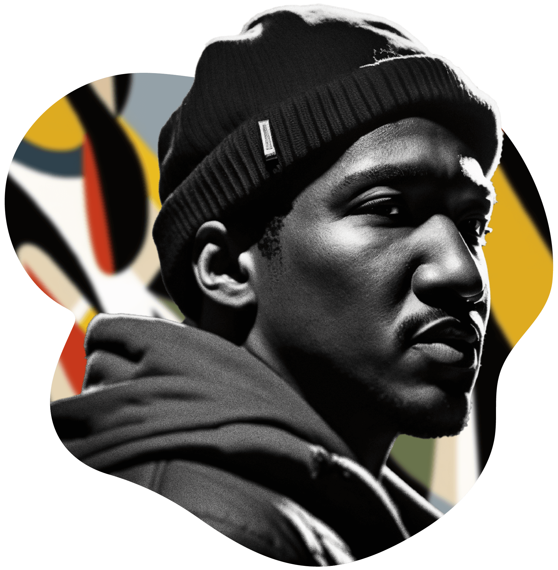 Head and shoulders profile of a masculine African American person. They are half turned toward the front and have a serious expression. They wear a dark beanie and a dark hoodie. In the background is a mural made of splashes of crimson, black, white, dark green, pale blue and dark yellow. The background is cut away at the edges so it looks like a splatter