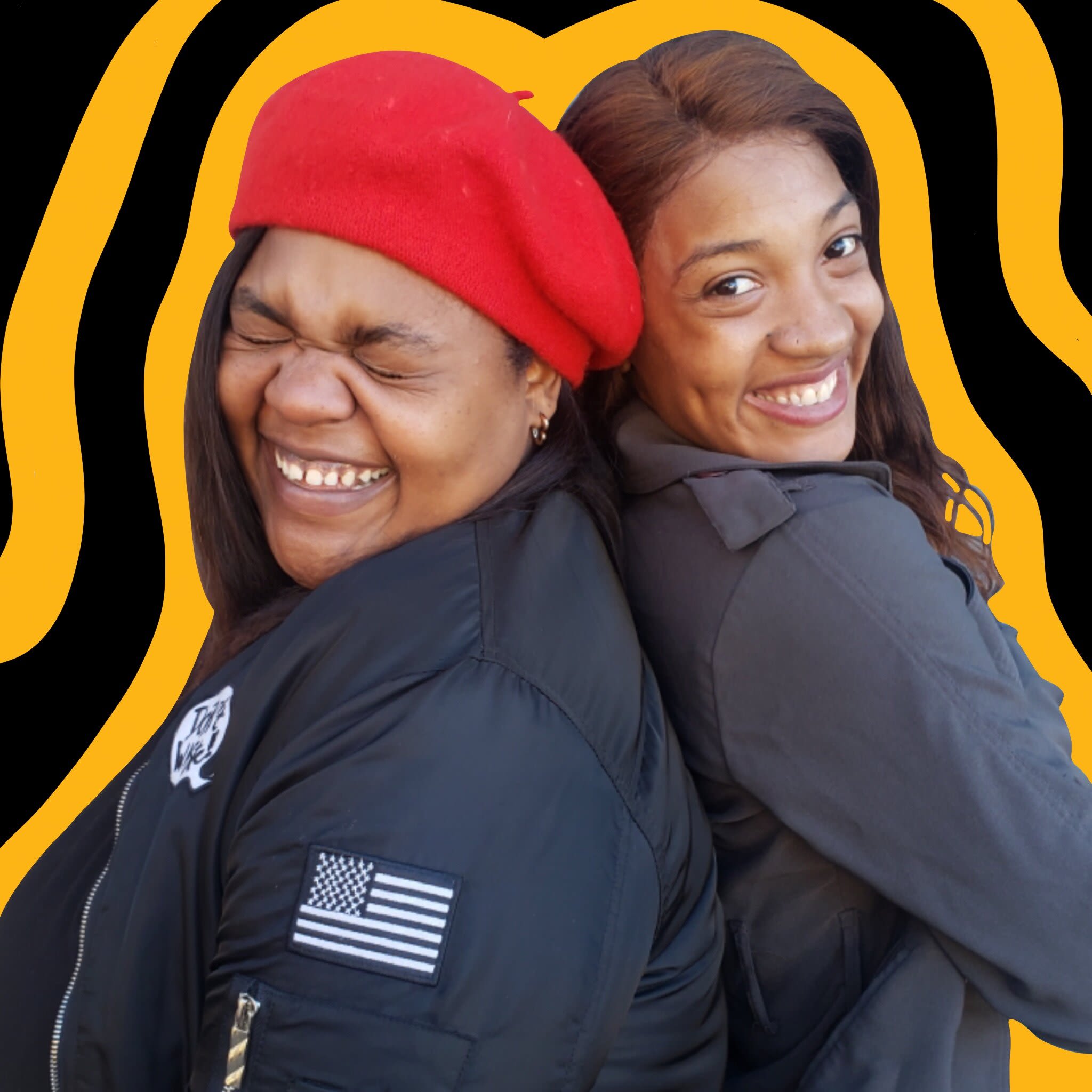 Close up of two feminine African American people back-to-back and beaming at the camera. Both wear black coats and the person on the left, who wears a red beret, has their eyes scrunched closed in laughter. They are imposed on a background of wavy alternating stripes of yellow and black