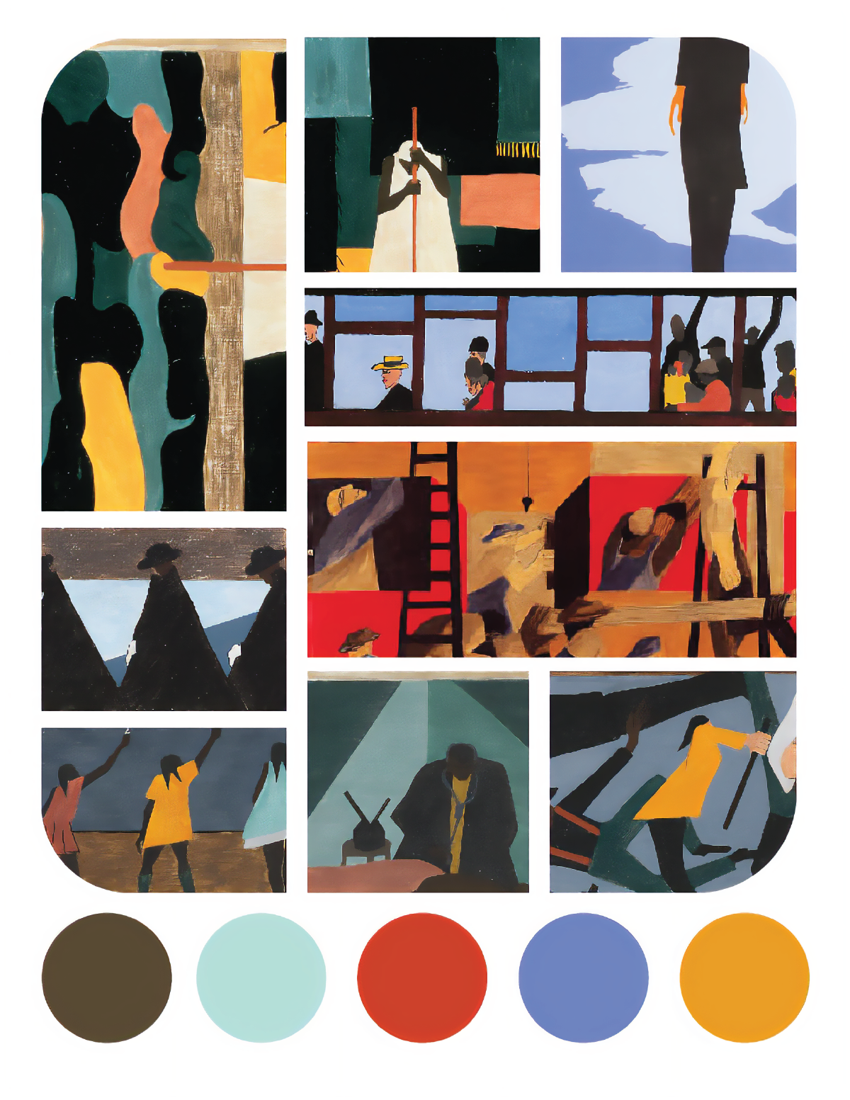 Nine rectangular scenes of different sizes arranged into a larger vertical rectangle. Below are five circular colour swatches: a greenish brown, a minty pale blue, tomato red, dusky purple-blue, and dark gold. The scenes are all in these colours. Some are just colour, others have scenes of abstract-style people walking in formation, holding the Black Power Salute, on trains, escaping buildings or simply walking