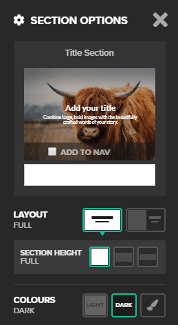 Choose half screen layout by selecting the half icon in the Section Options, then set media left/right for wide screens and top/bottom for tall screens