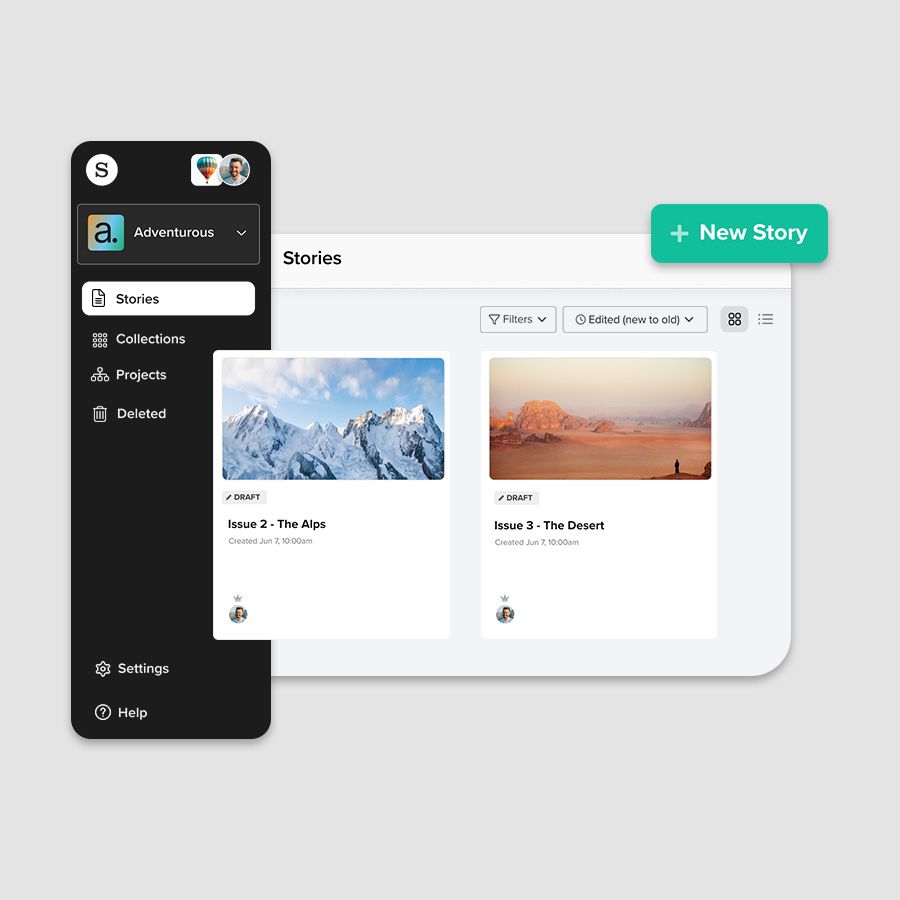 A range of elements from the Shorthand dashboard, including a navigation column on the left and a button at the top that says "New story".