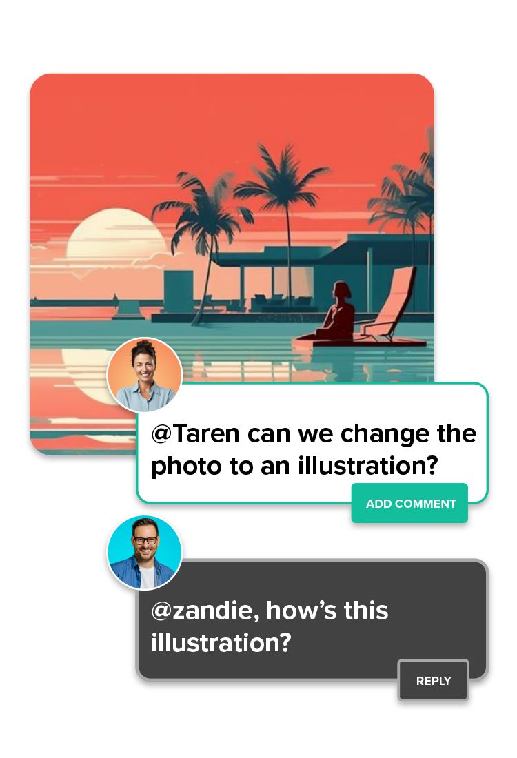 A view of Shorthand's editor showing a story called "The Ultimate Travel List". There is a box at the bottom next to a person's face that says, "@Taren can we change photo to an illustration?" and then a reply underneath that says "@zandie, how's this illustration?"