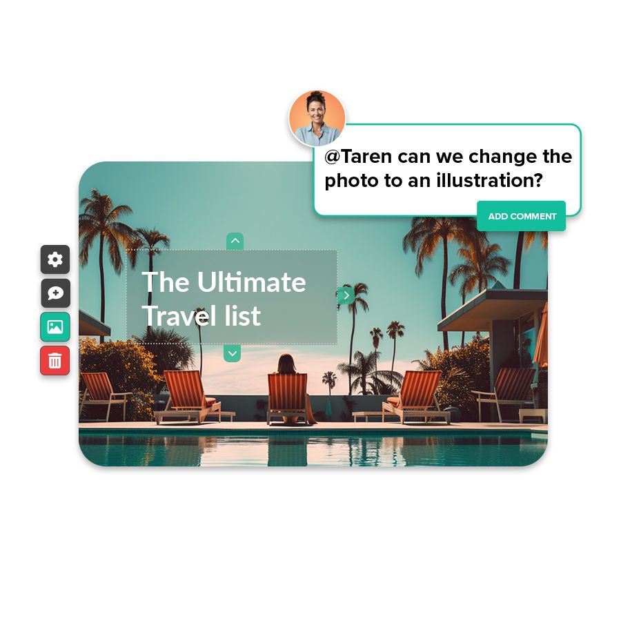 A view of Shorthand's editor showing a story called "The Ultimate Travel List". There is a box at the top next to a person's face that says, "@Taren can we change photo to an illustration?" 