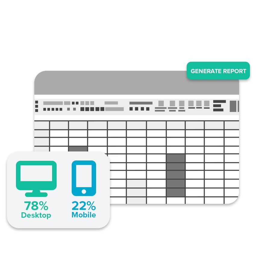 A simple spreadsheet with many columns. It is overlaid with the symbol for a desktop that says "78% desktop", and the symbol for a mobile that says "22%" mobile.