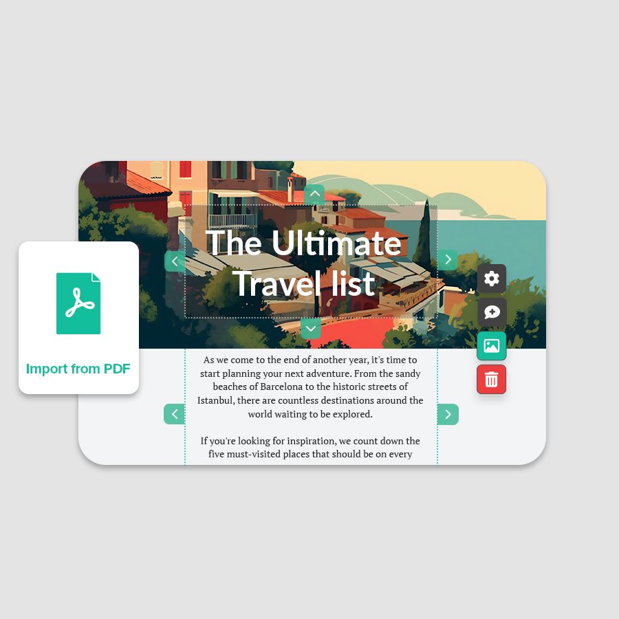 A Shorthand story with a title section that says "The ultimate travel list" and block of text underneath. The icon on the left says "Import from PDF".