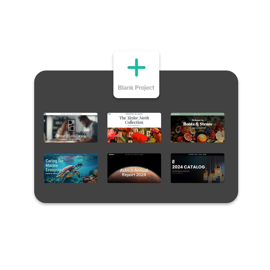 An array of different Shorthand templates with a range of different image, with a large button at the top that with a plus symbol and the words "Blank project". 