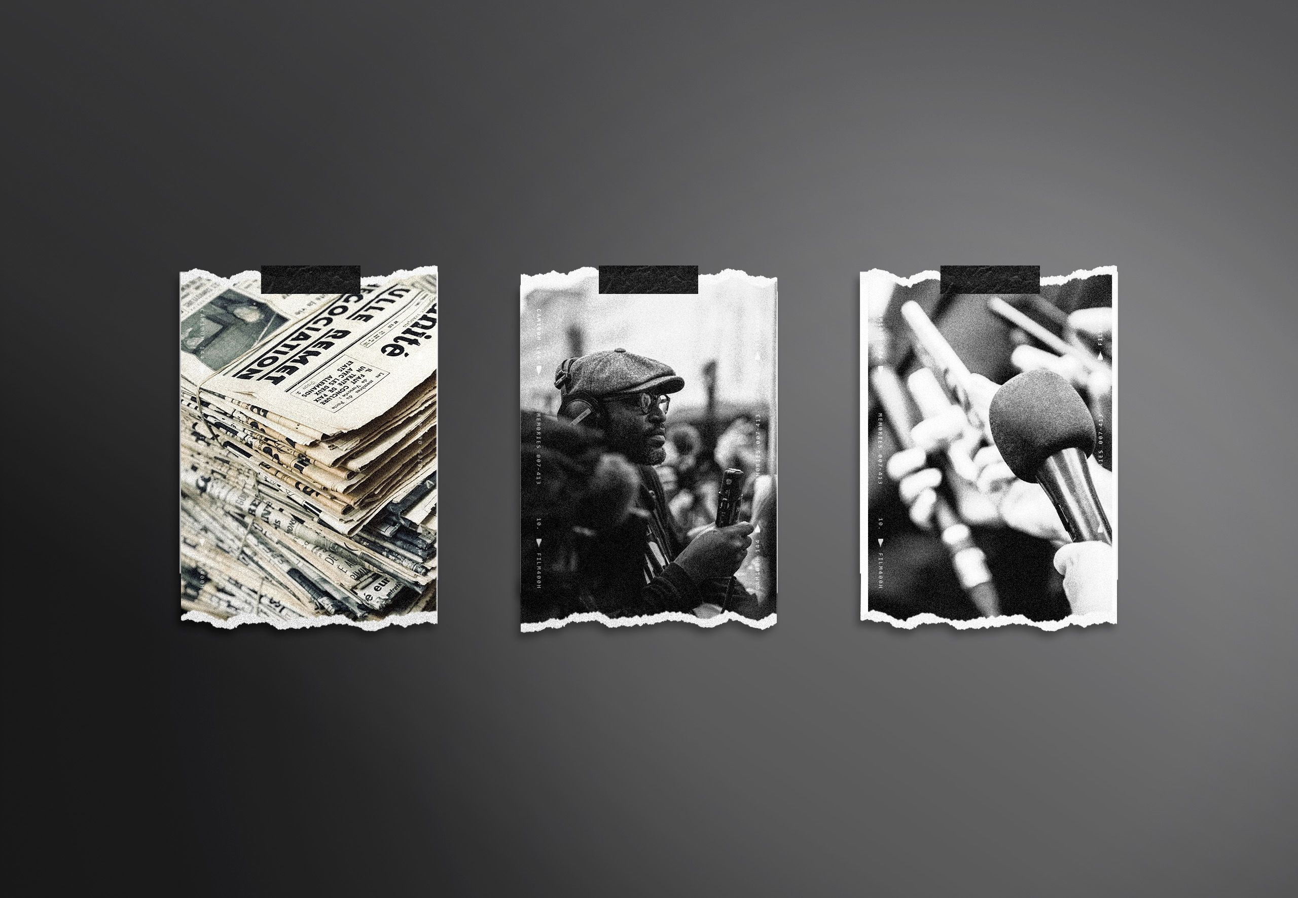 Three images in a horizontal row. The first shows a stack of newspaper, the second a person with a microphone, and the third is a hand holding a microphone.