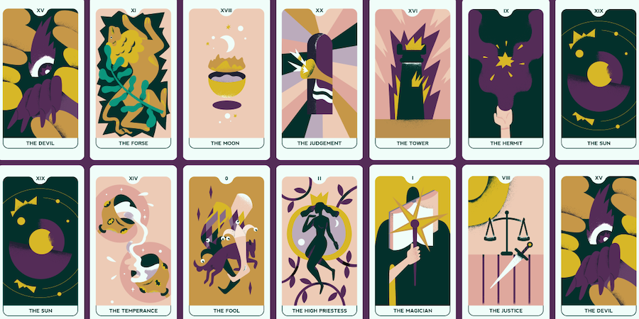 14 Tarot cards arranged side by side