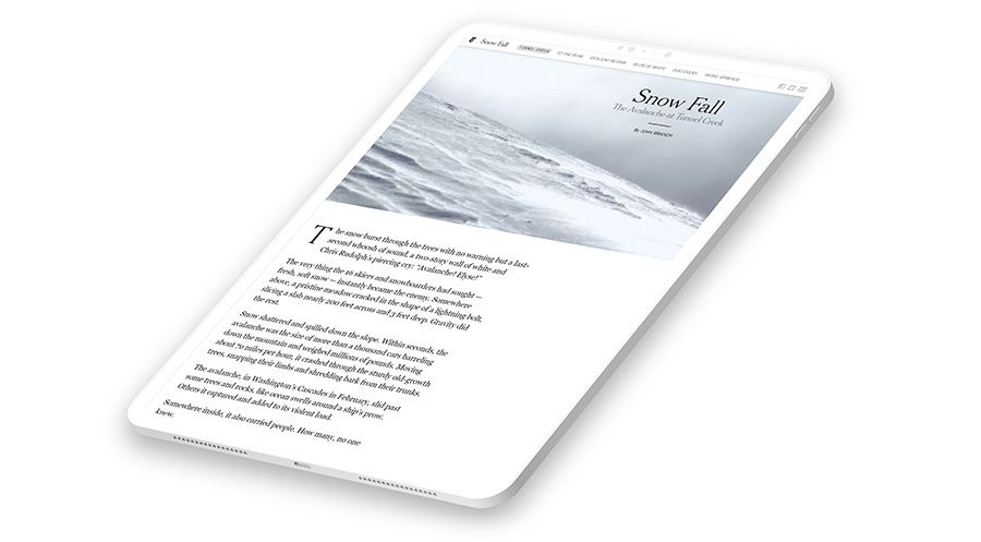 Screenshot of longform feature story, Snow Fall, on a tablet