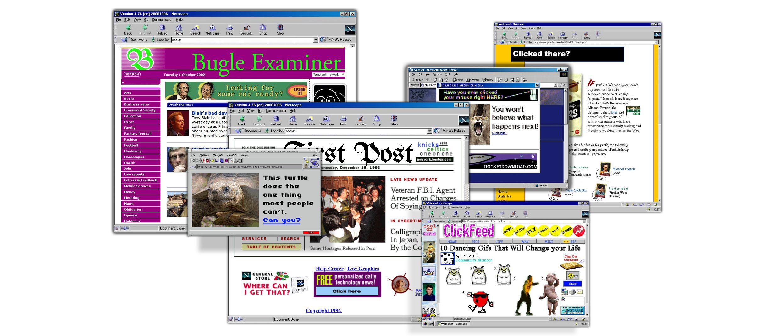 A wide range of early web pages with clickbait style headlines and ads.