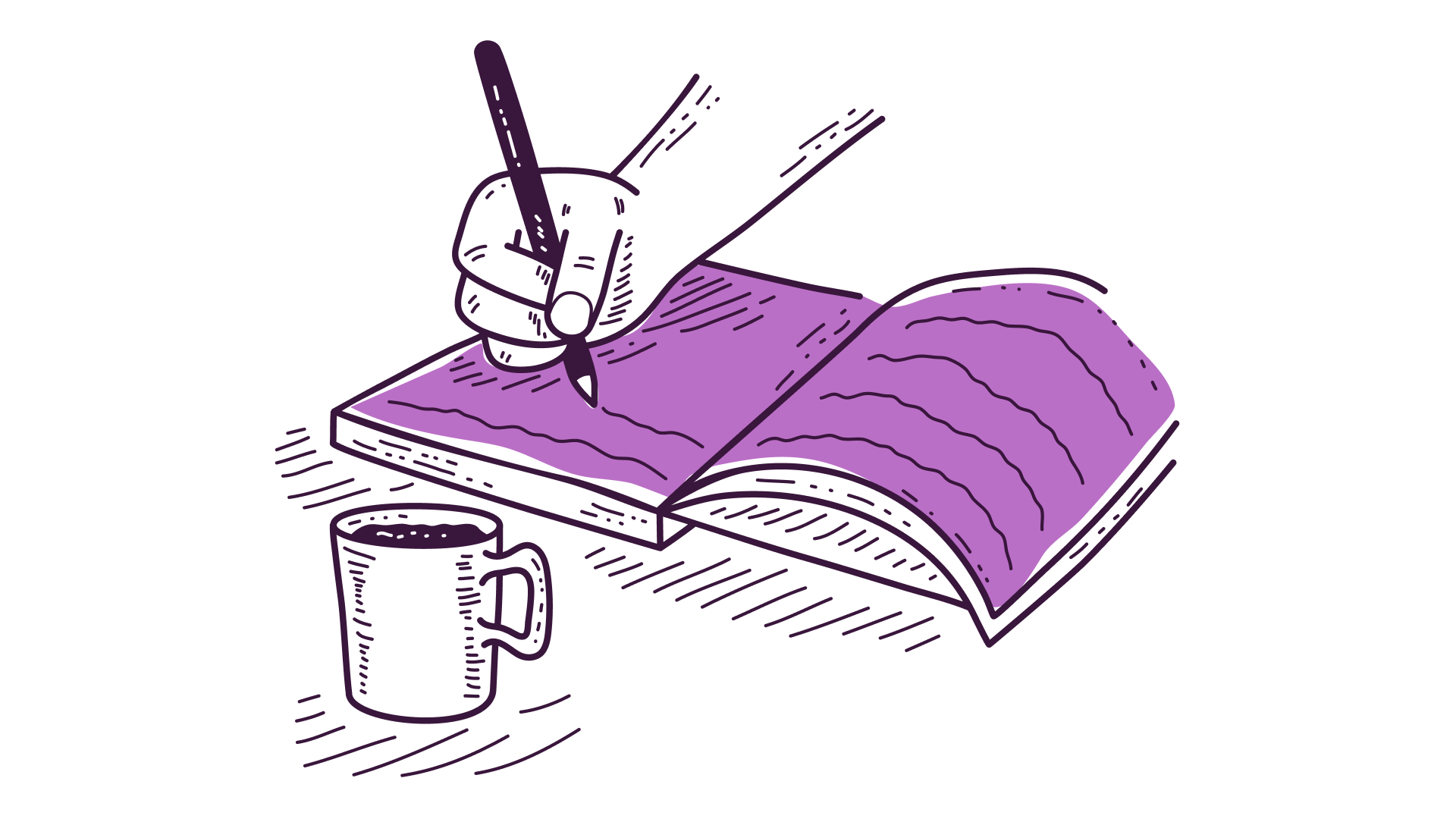 Illustration of a hand writing in a notebook next to a cup of coffee.