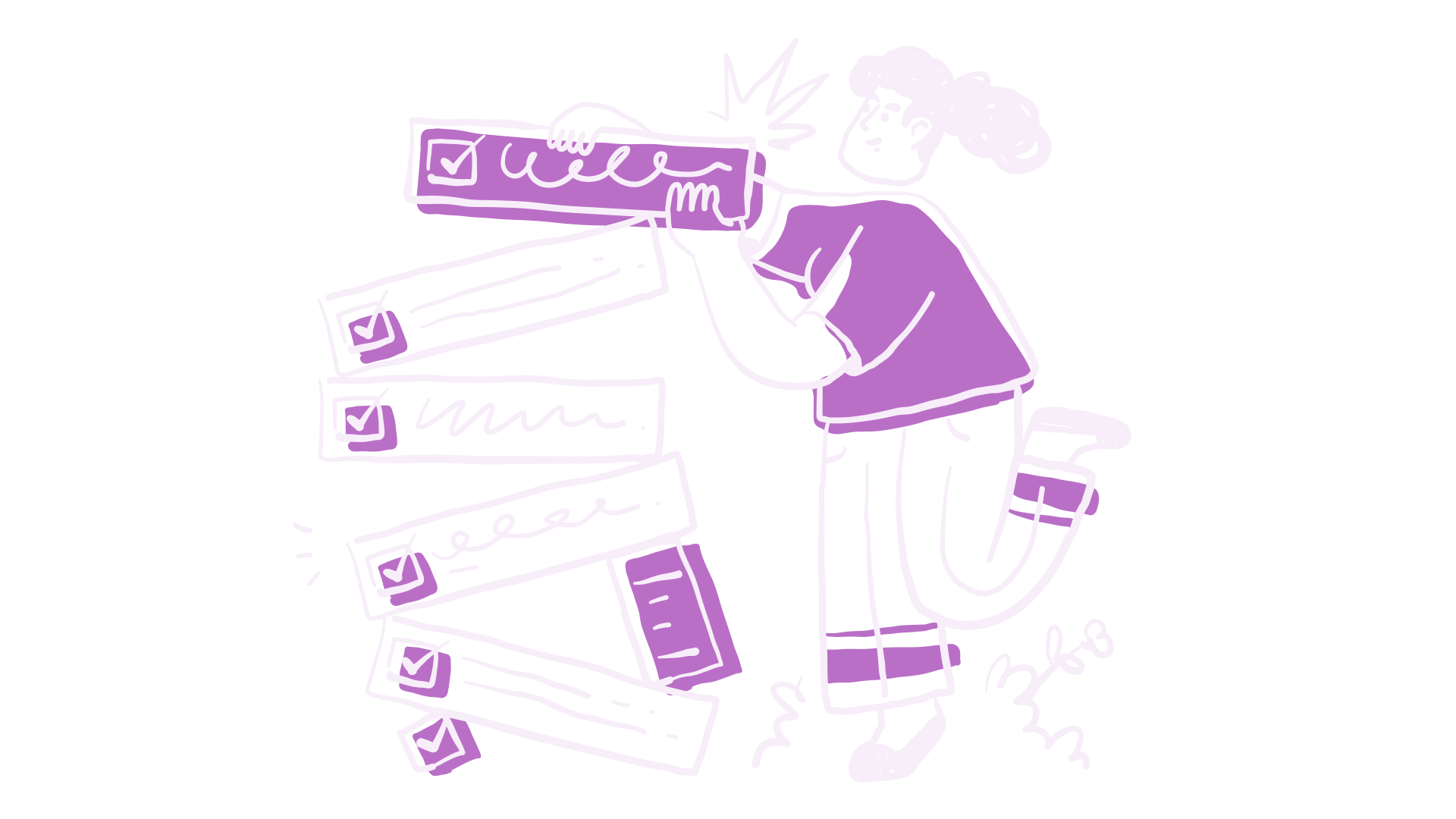 Illustration of a woman balancing a number of lines on a checklist.