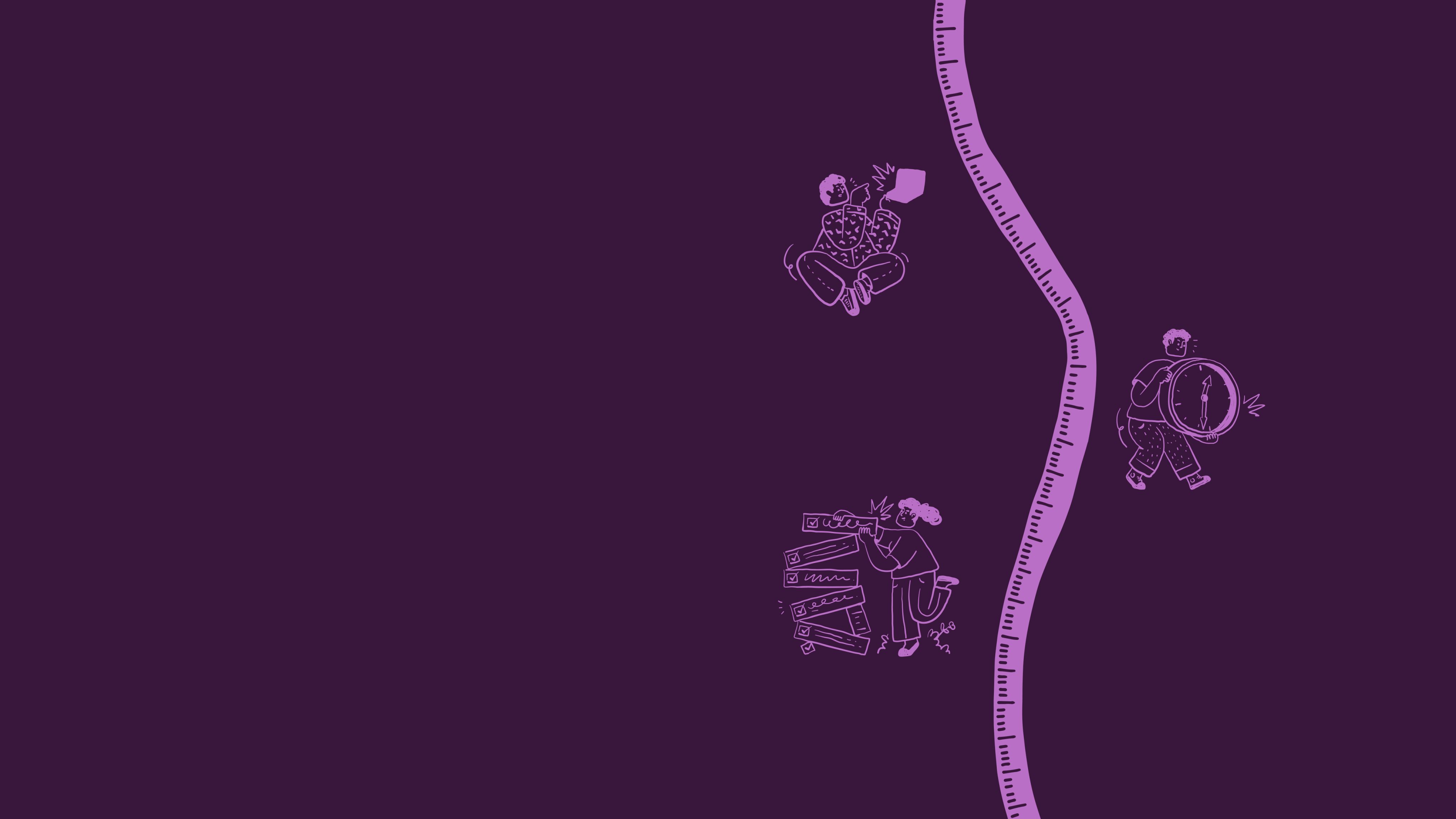 Scrolling illustration of a measuring tape working its way down the page with illustrated people popping up next to it.