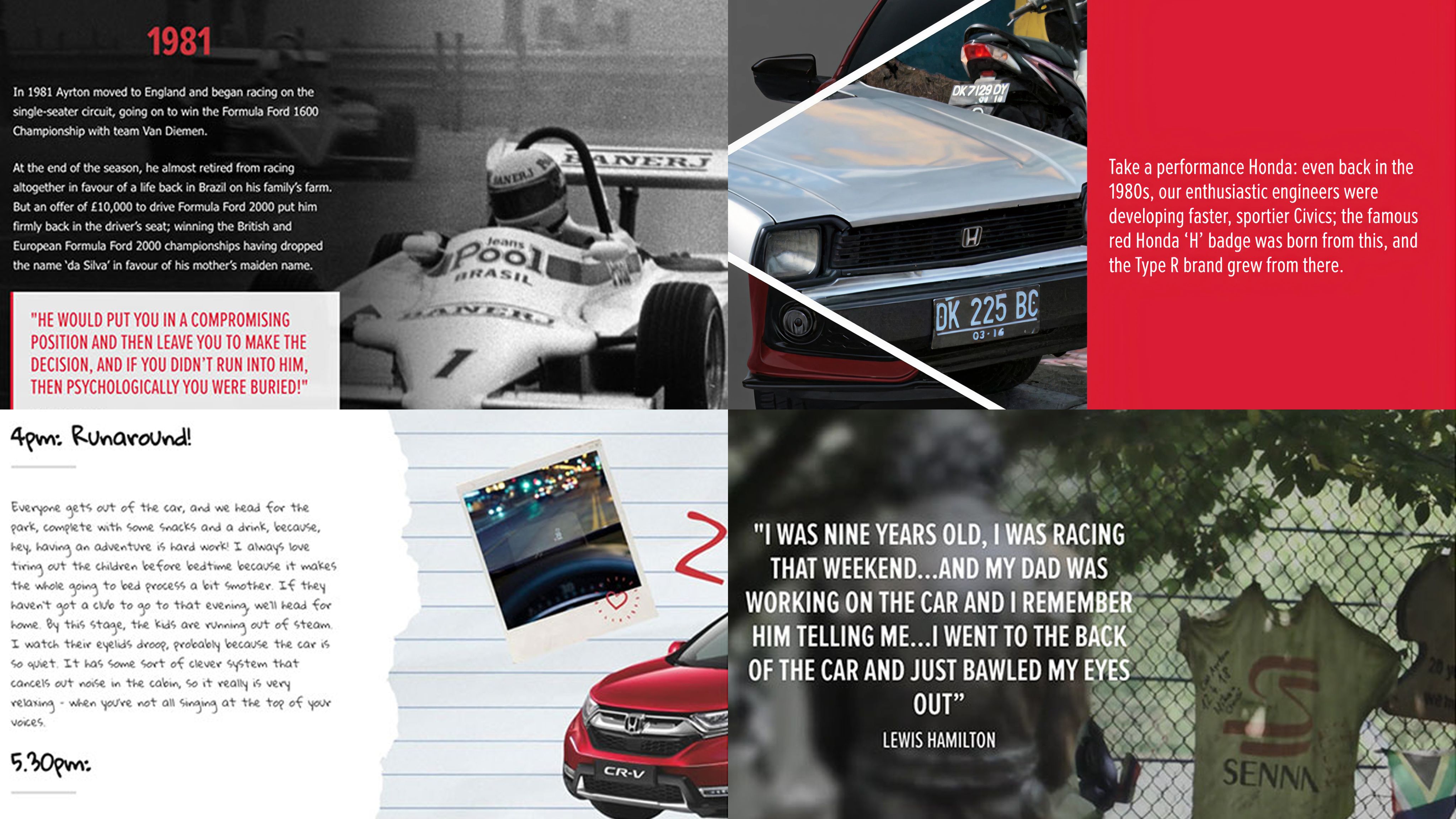 A collage of Honda articles from their brand hub, Engine Room.