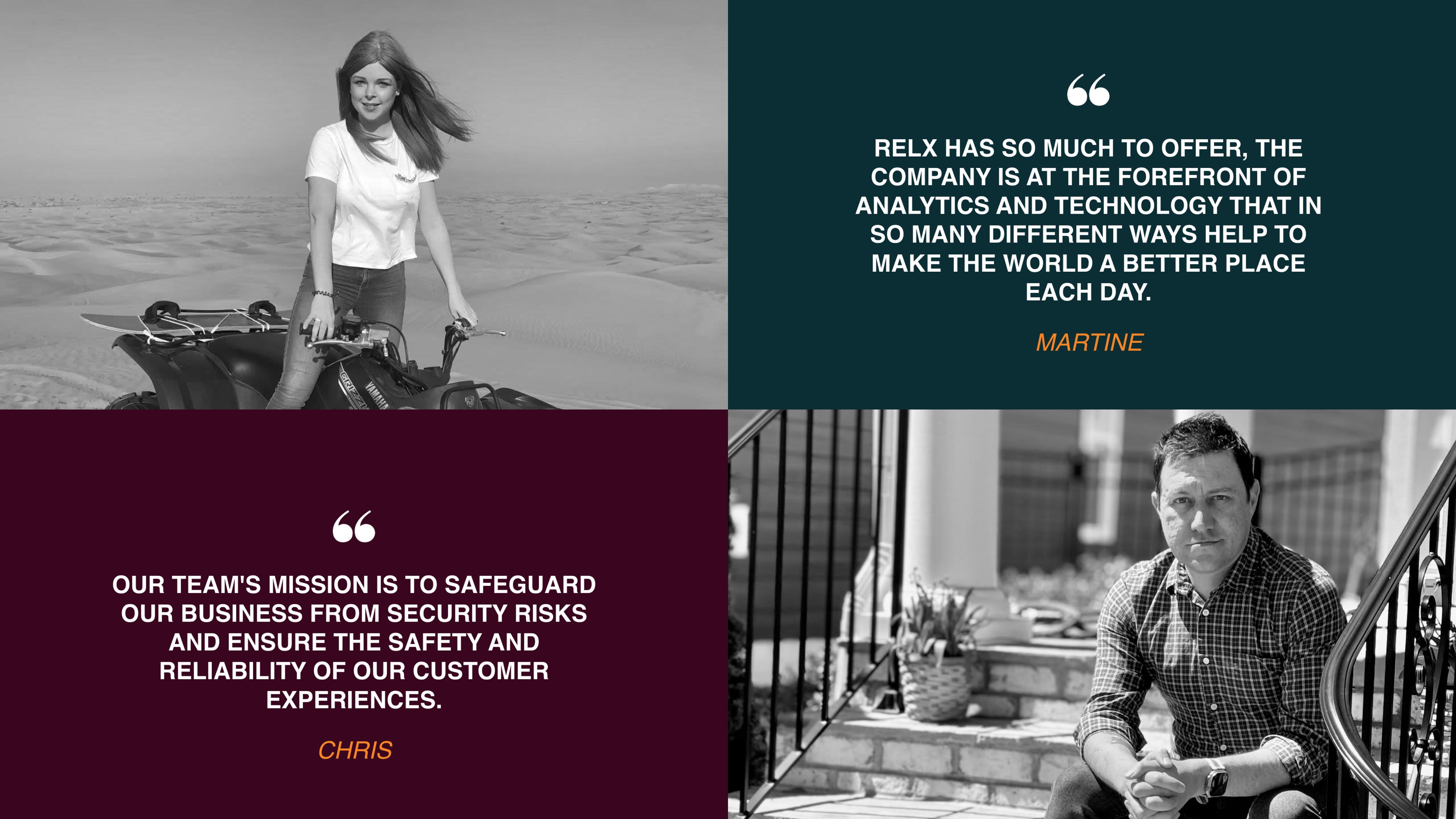 Imagery and team member quotes from RELX's internal comms.