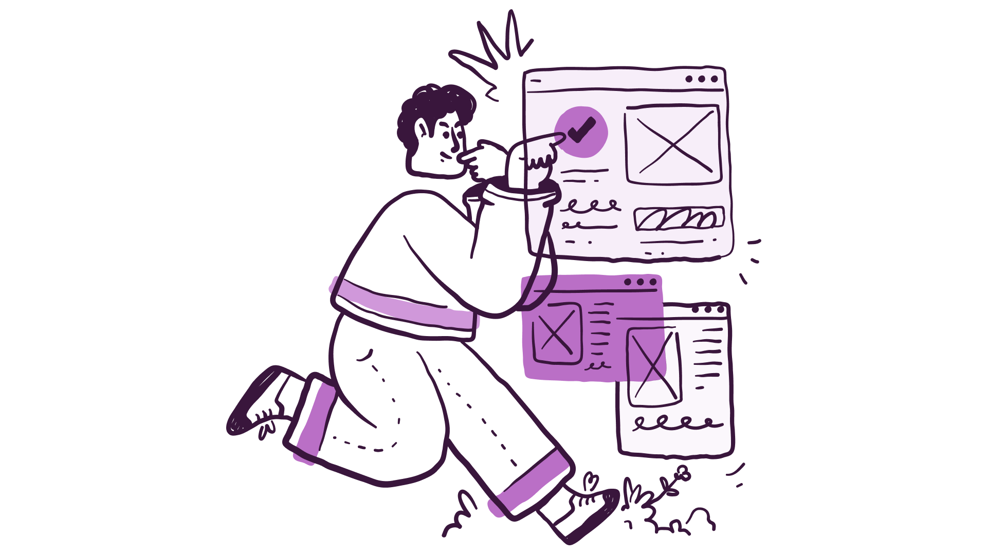 Illustration of a man looking at a range of floating browser windows.