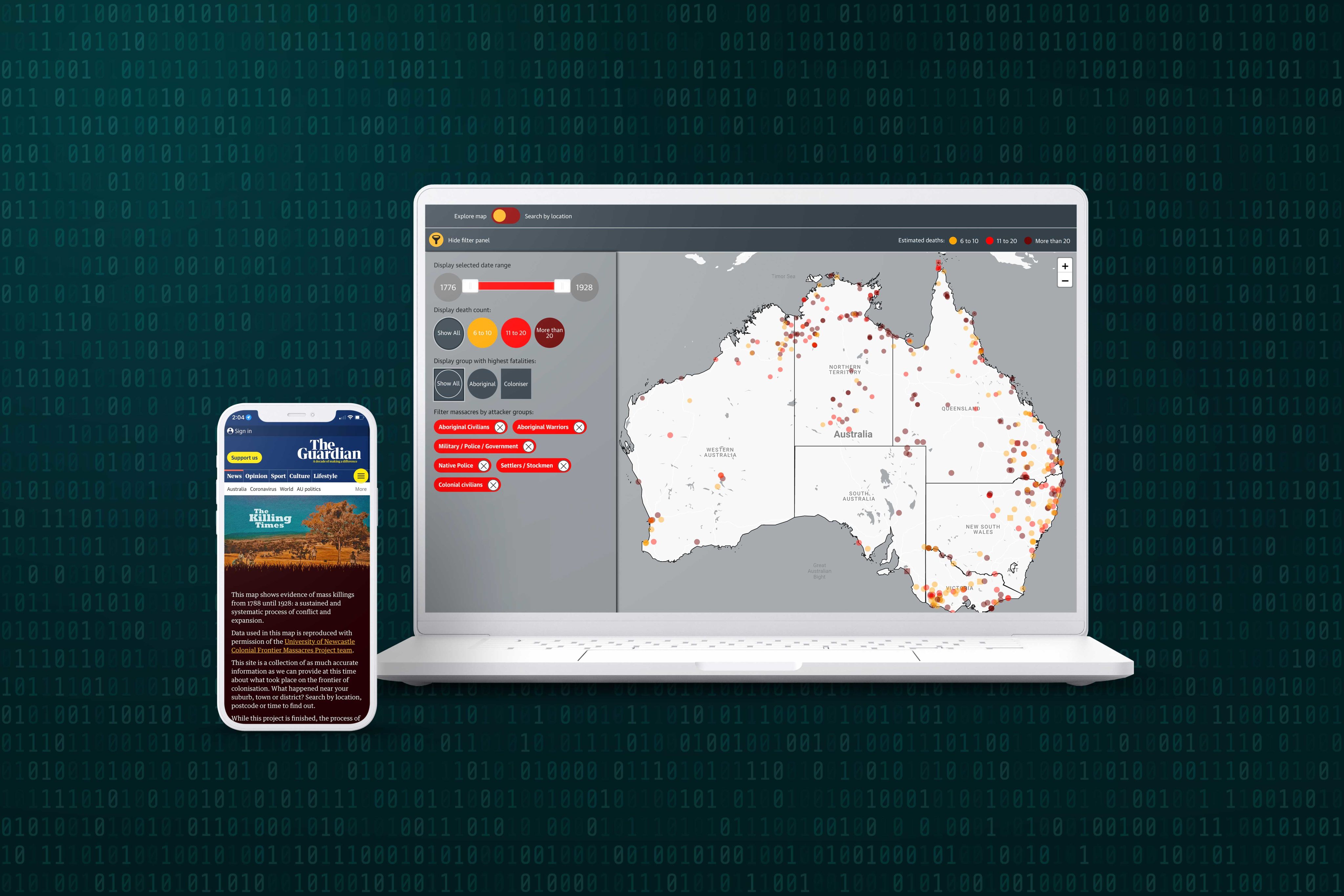 A smartphone screen and laptop screen showing sections of the story 'The killing times'.