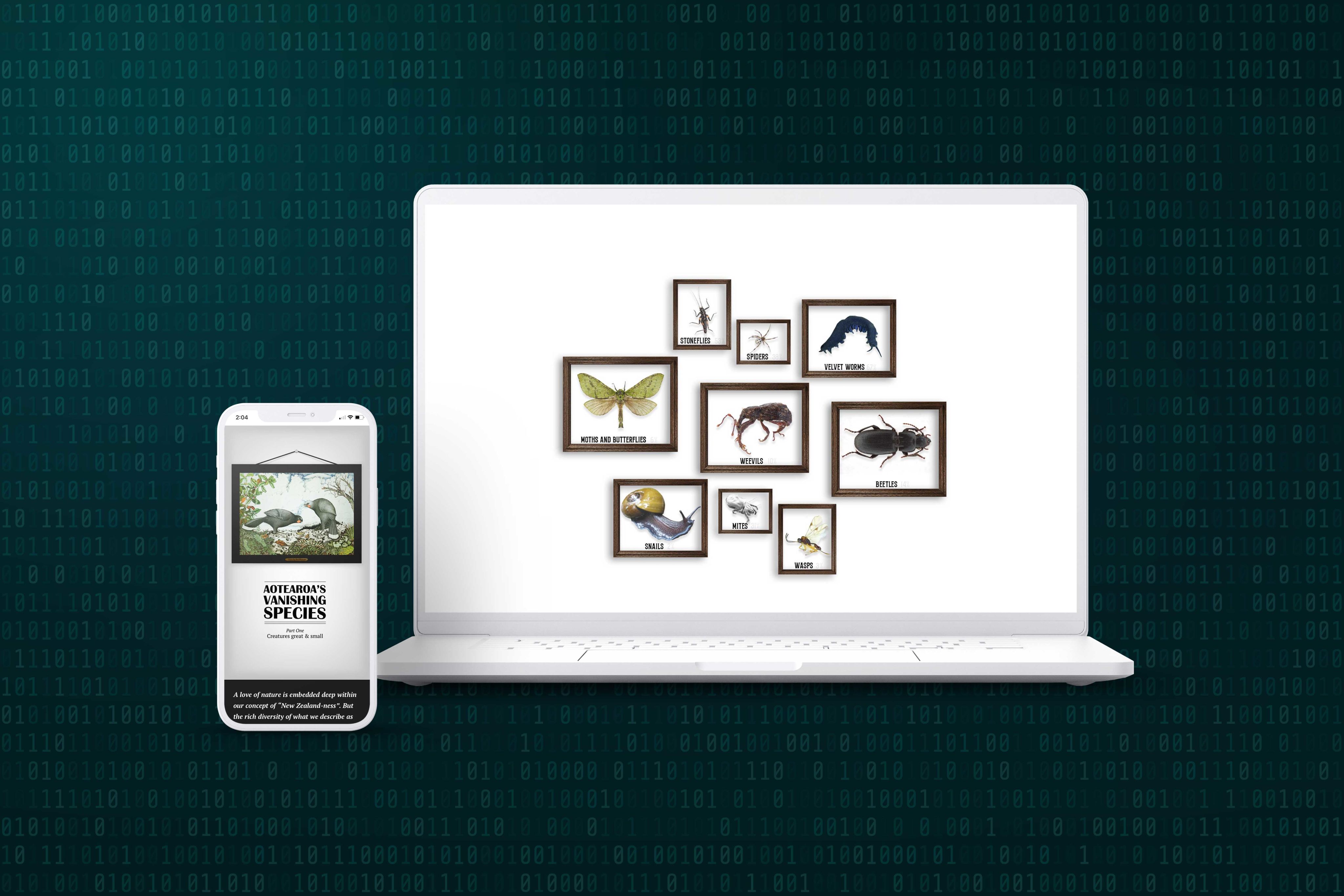 A smartphone screen and laptop screen showing sections of the story 'Aotearoa's vanishing species'.