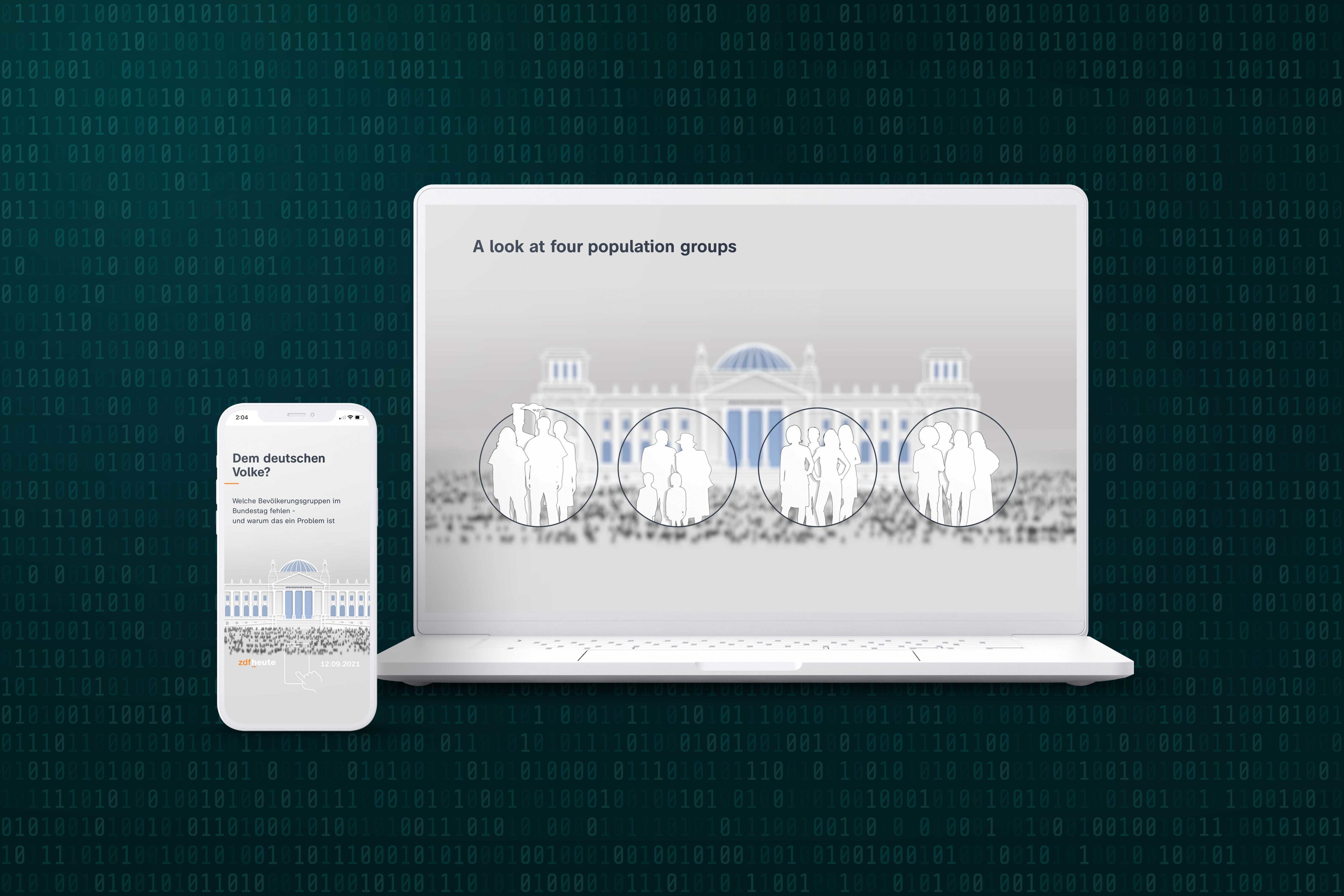 A smartphone screen and laptop screen showing sections of the story 'Dem deutschen Volke?'.
