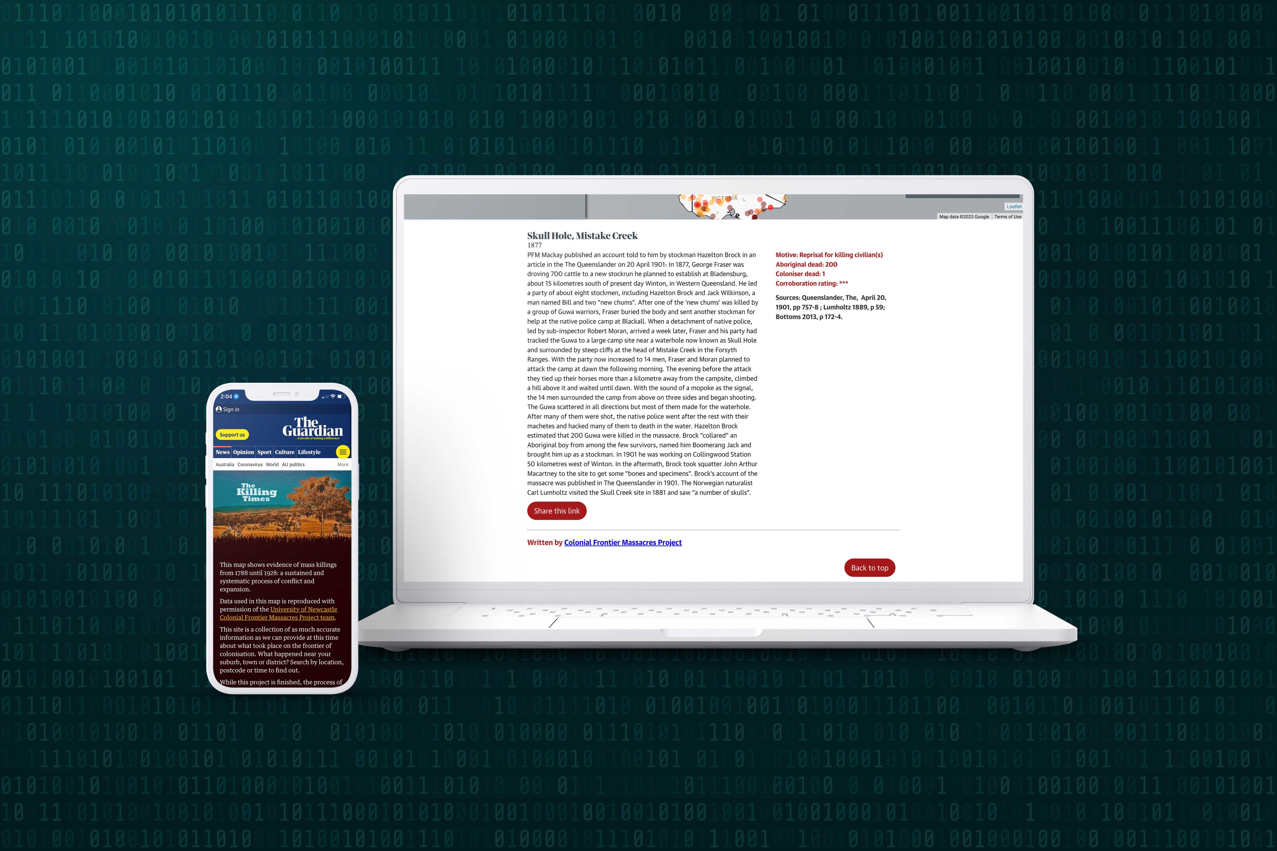 A smartphone screen and laptop screen showing sections of the story 'The killing times'.