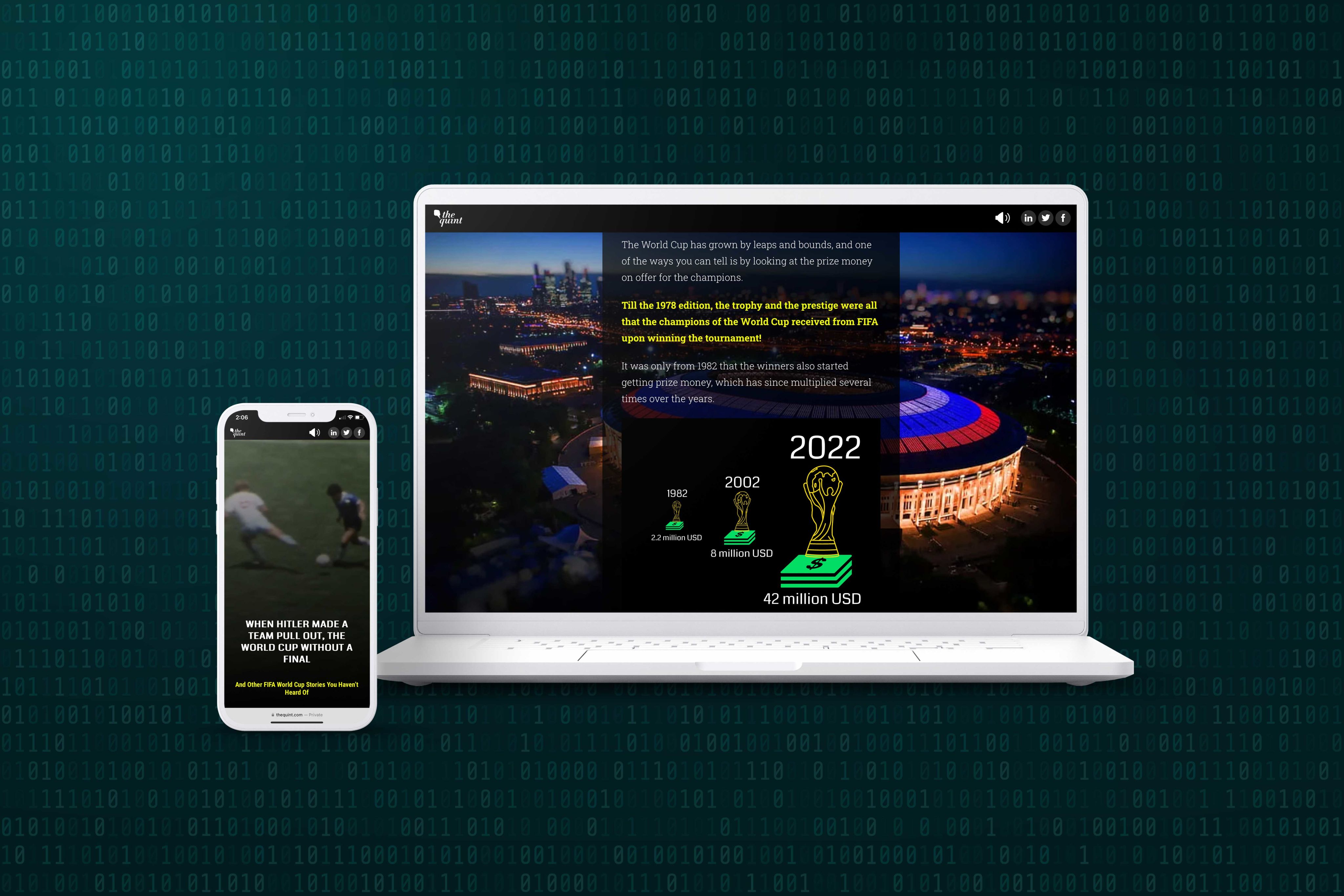 A smartphone screen and laptop screen showing sections of the story 'FIFA World Cup: They Won the World Cup Without a Final & 12 Other Astonishing Stories'.