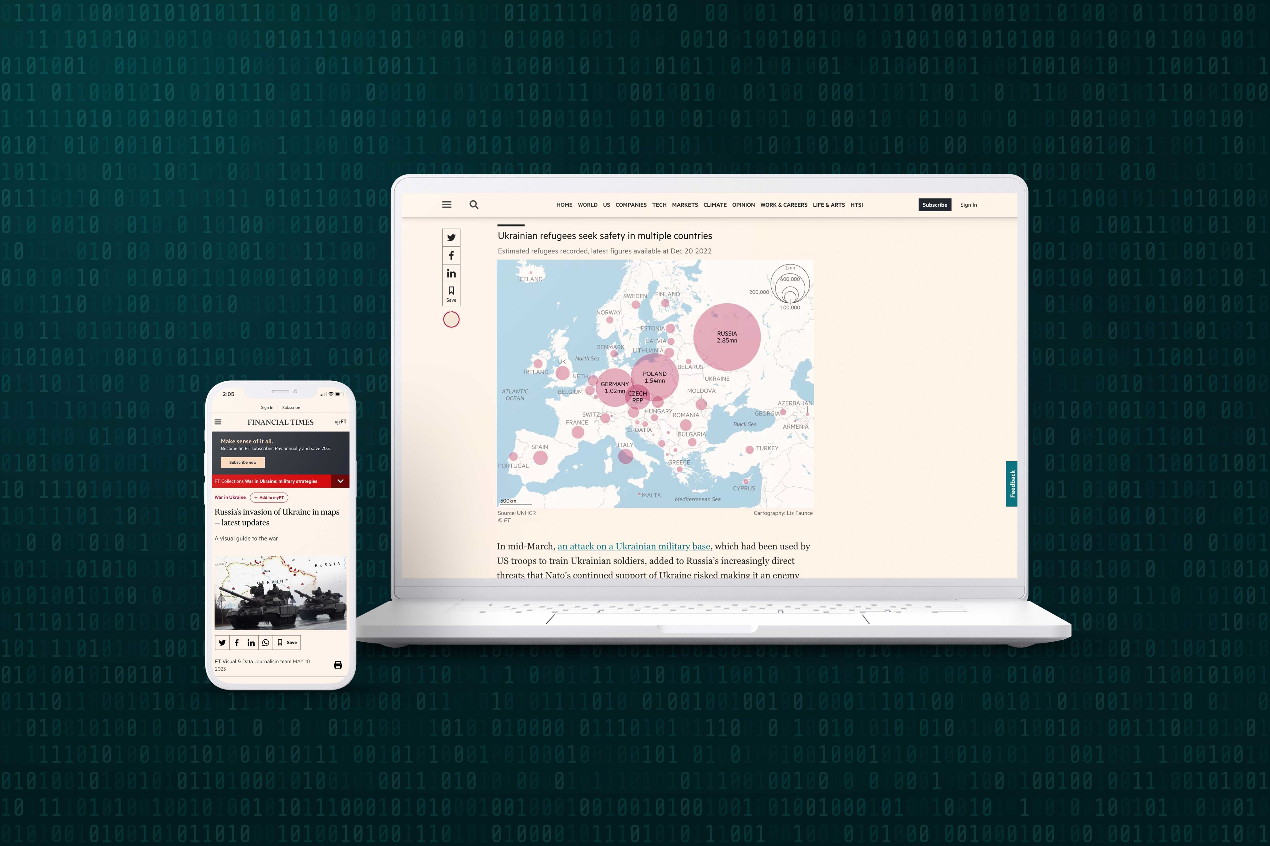 A smartphone screen and laptop screen showing sections of the story 'Russia's invasion of Ukraine in maps'.