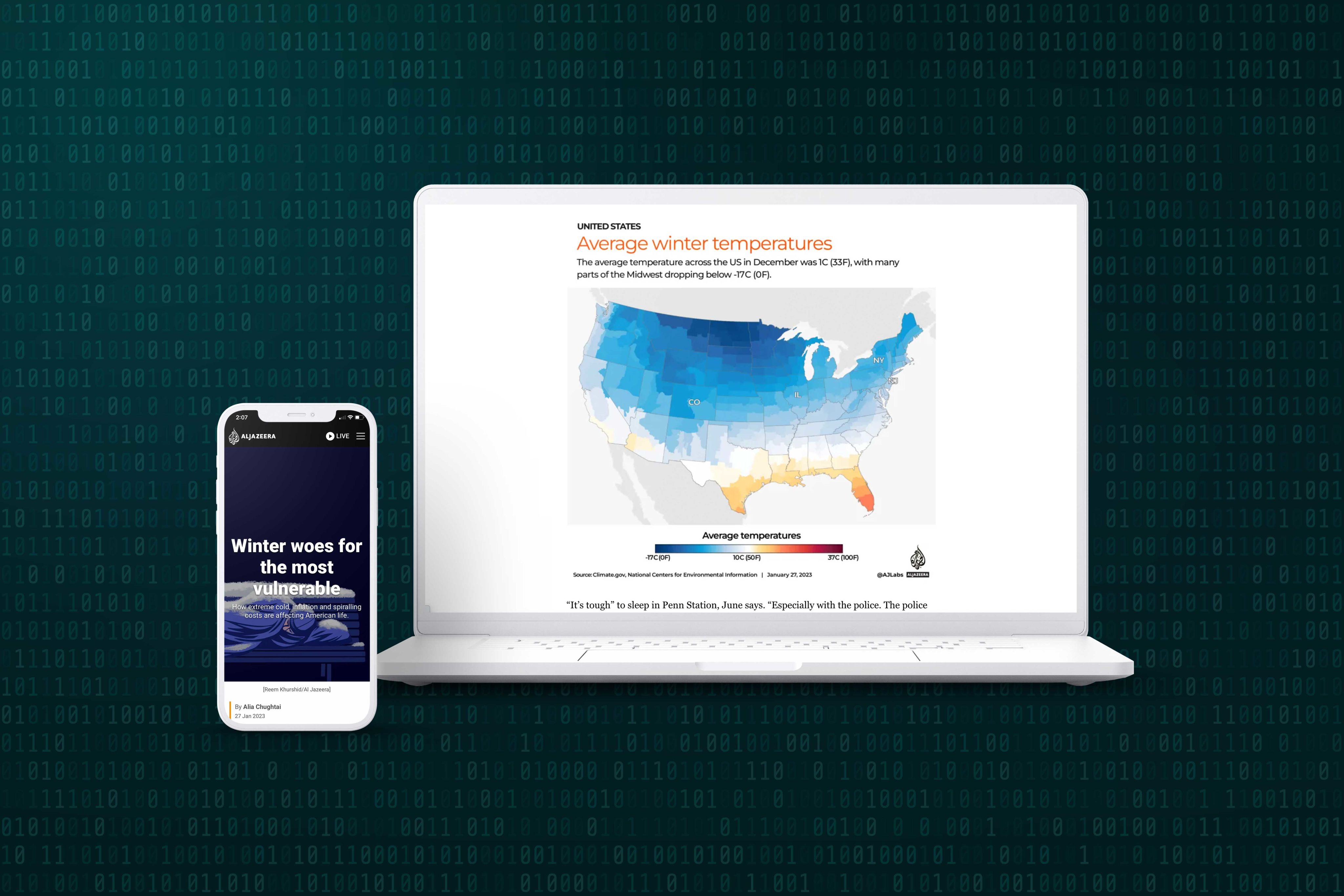 A smartphone screen and laptop screen showing sections of the story 'Winter woes for the most vulnerable'.