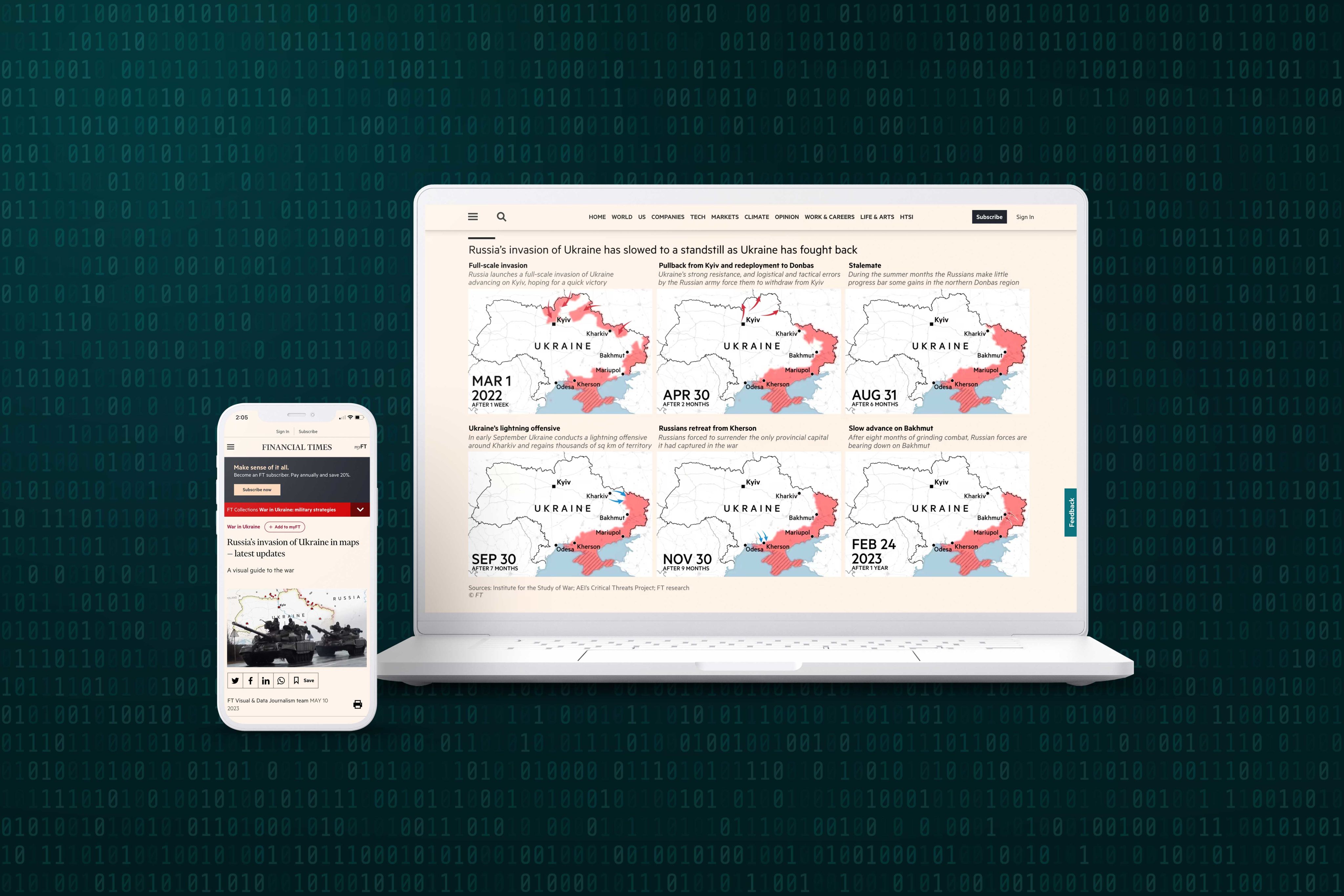 A smartphone screen and laptop screen showing sections of the story 'Russia's invasion of Ukraine in maps'.