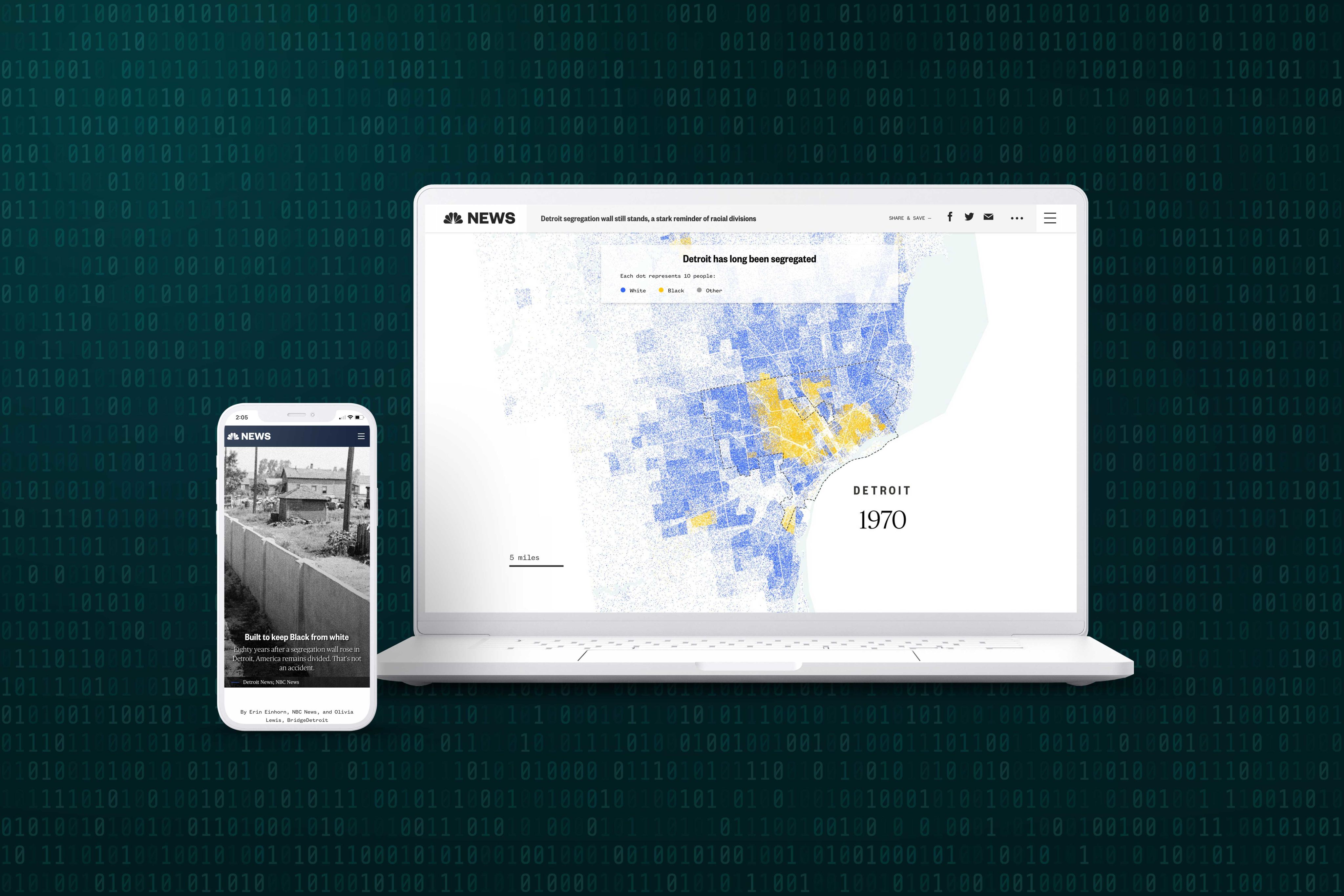 A smartphone screen and laptop screen showing sections of the story 'Built to keep black from white'.