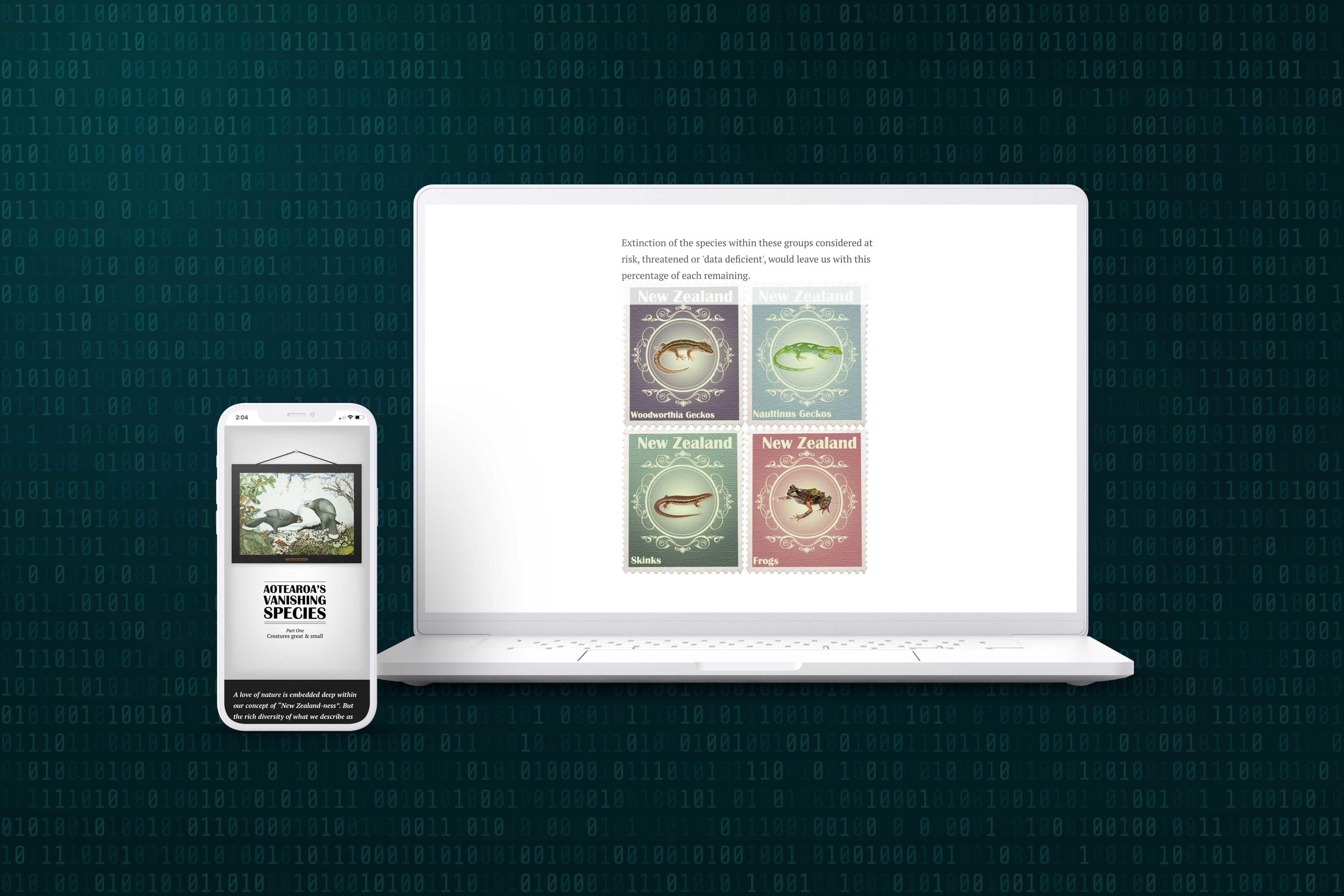 A smartphone screen and laptop screen showing sections of the story 'Aotearoa's vanishing species'.