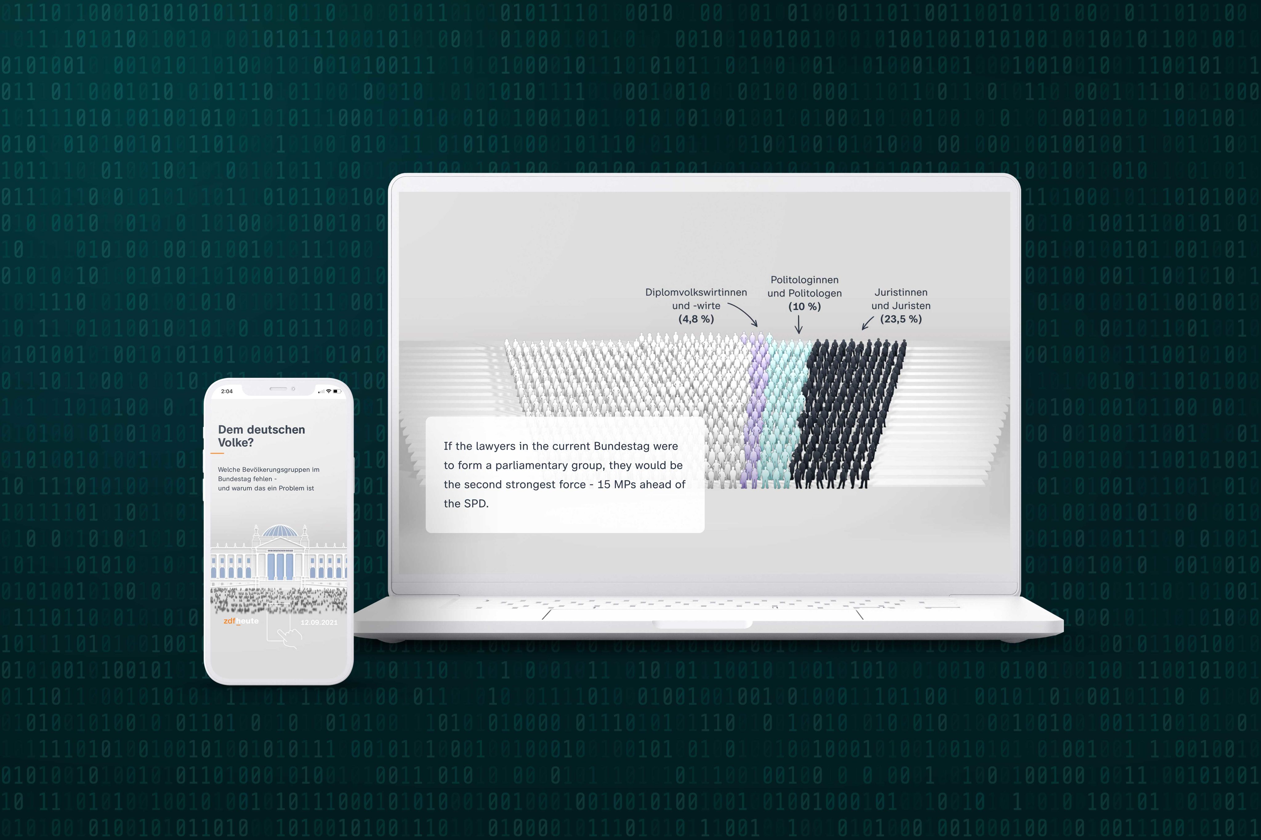 A smartphone screen and laptop screen showing sections of the story 'Dem deutschen Volke?'.