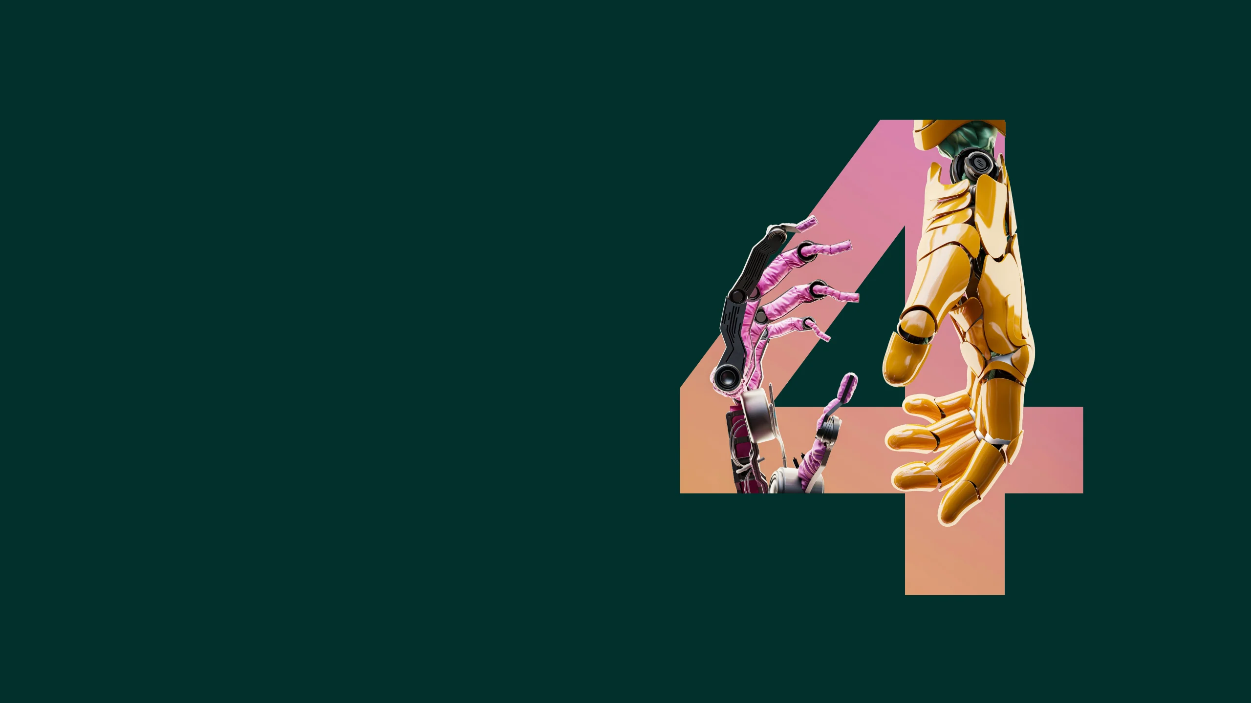 Two robotic hands about to grasp one another, with a 4 digit in the background.