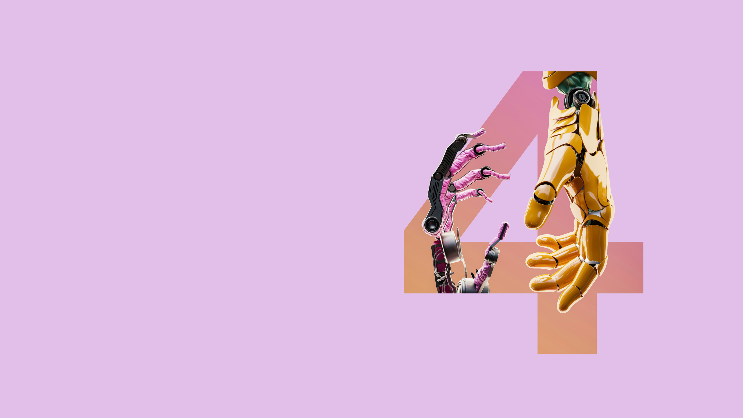 Two robotic hands about to grasp one another, with a 4 digit in the background.