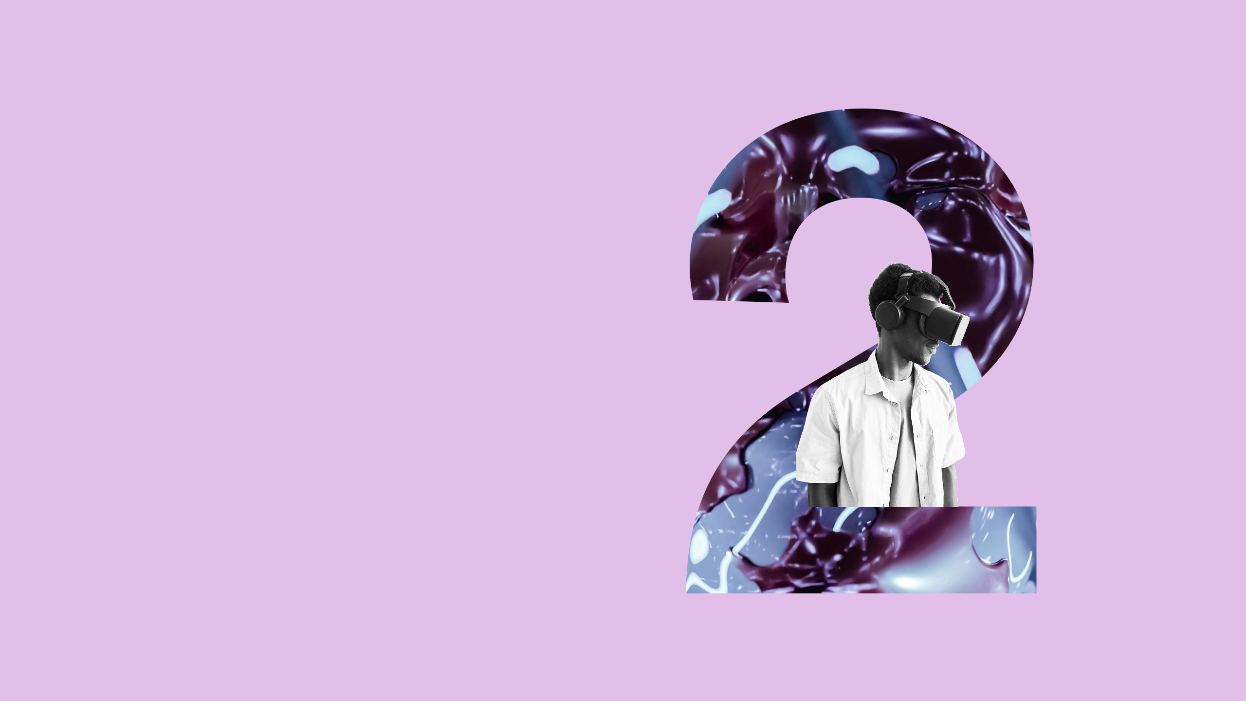 A man in a white shirt wears a VR headset, with a 2 digit in t he background.