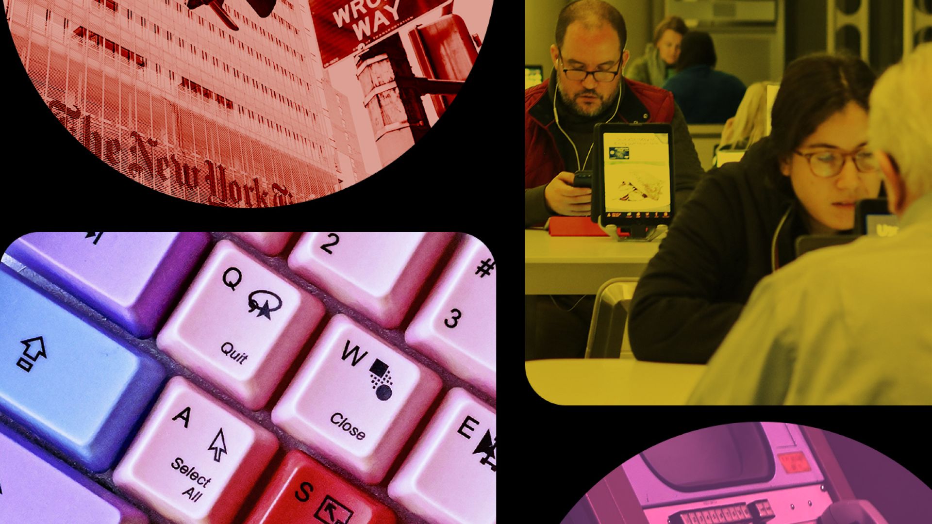 New York Times building and street sign, colourful computer keyboard, people sitting at desks looking at devices, old computer