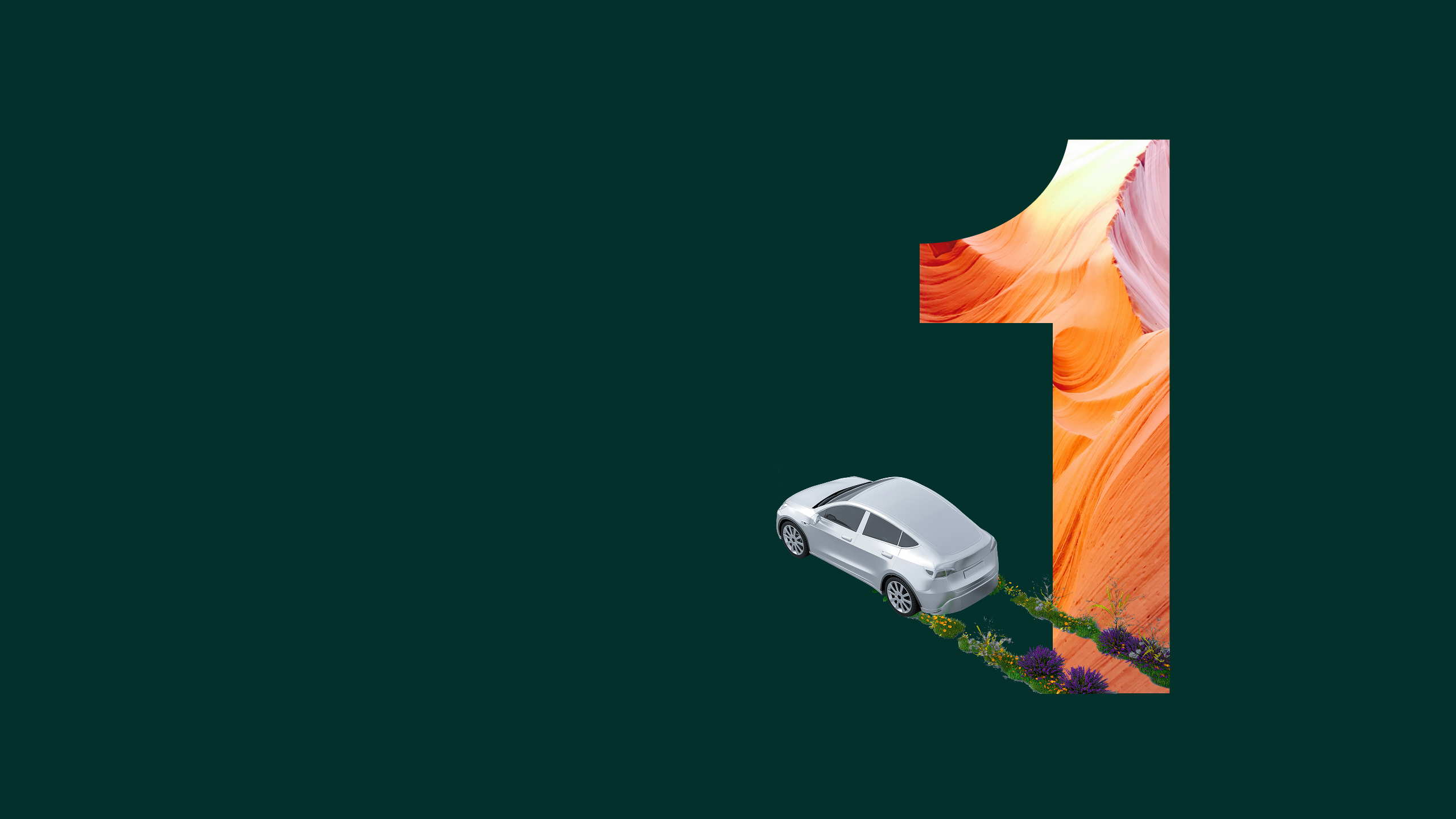 A tesla car driving with greenery behind it and a 1 digit in the background.