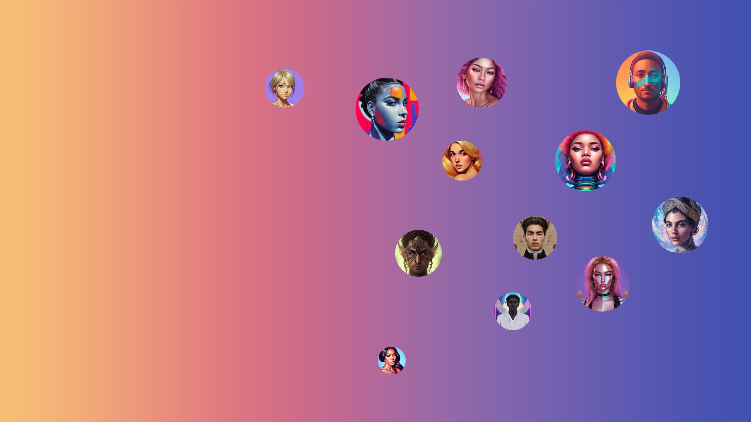 Yellow to blue ombre background, with floating icons of AI-generated faces in various art styles