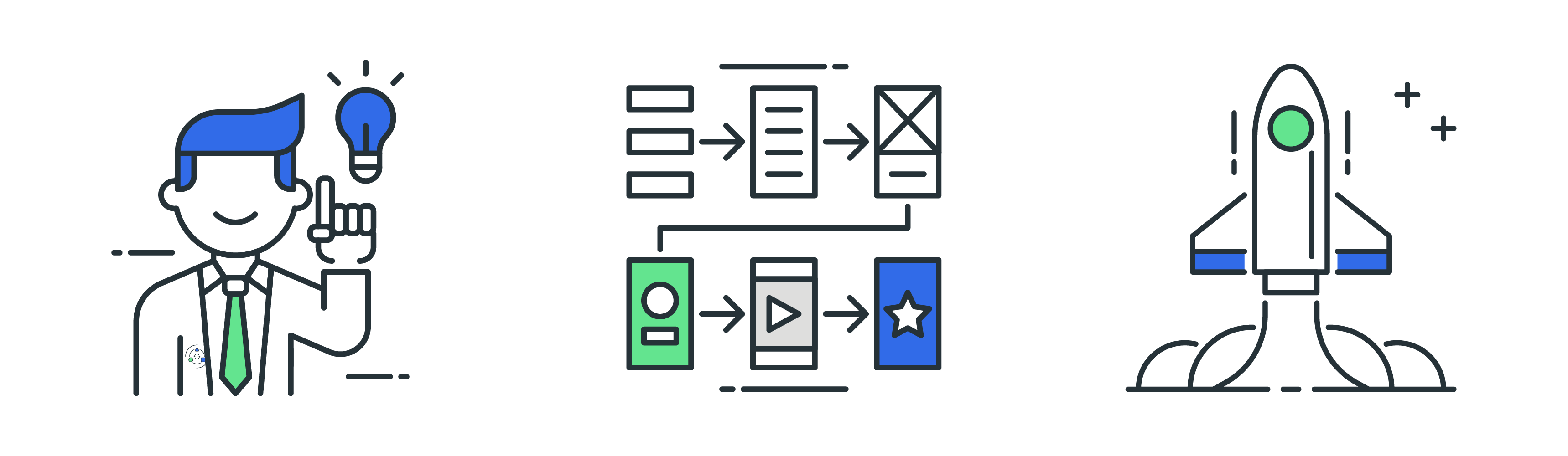 Illustrations showing ideas and a rocketship