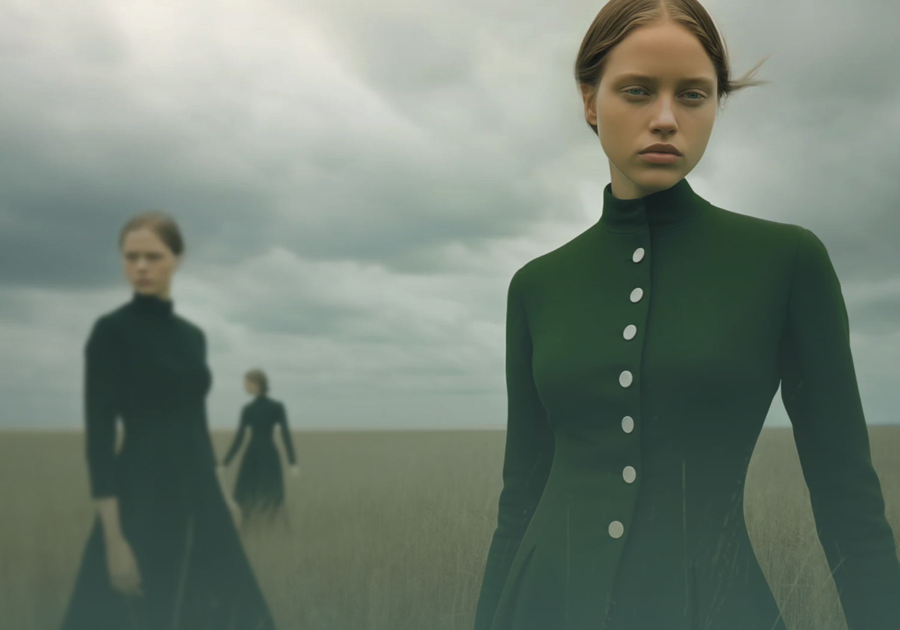 Three women with white skin and dark hair modelling green dresses in an empty field.