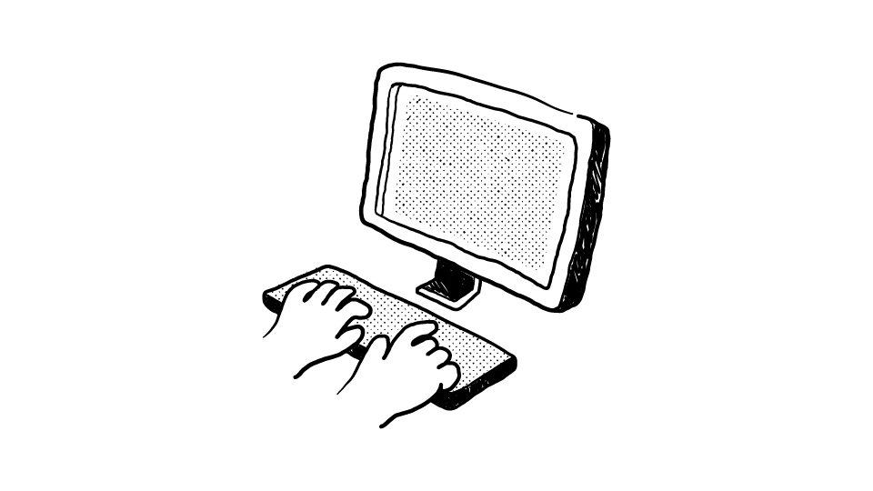 Cartoon illustration of hands typing at a computer keyboard.