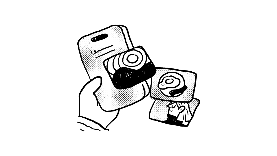 Cartoon illustration of a hand holding a mobile phone with images coming out.