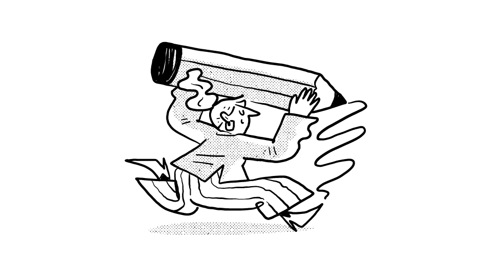 Cartoon illustration of a woman drawing with a giant pencil.