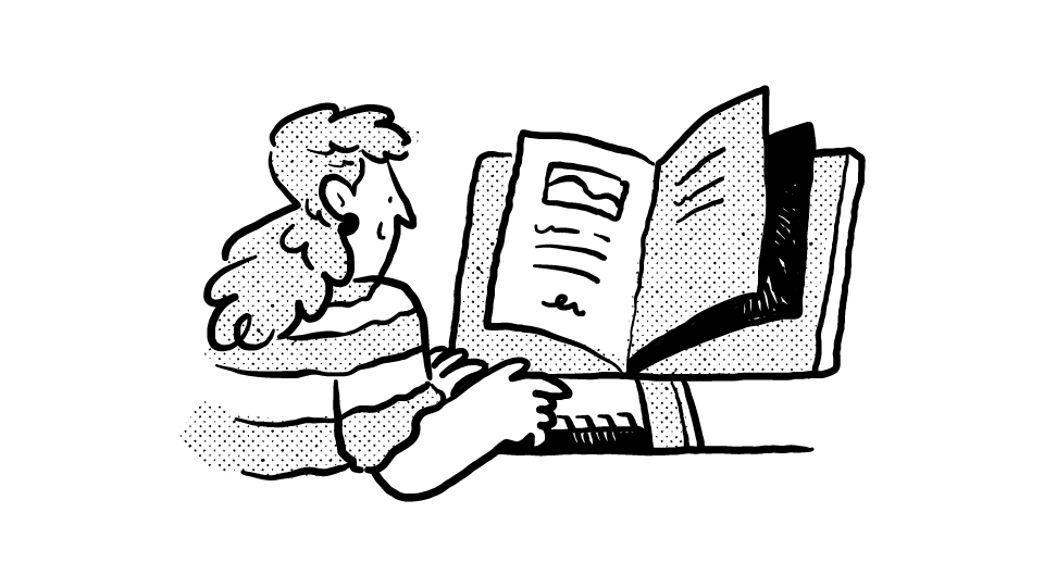 Illustration of a woman looking at a computer monitor.